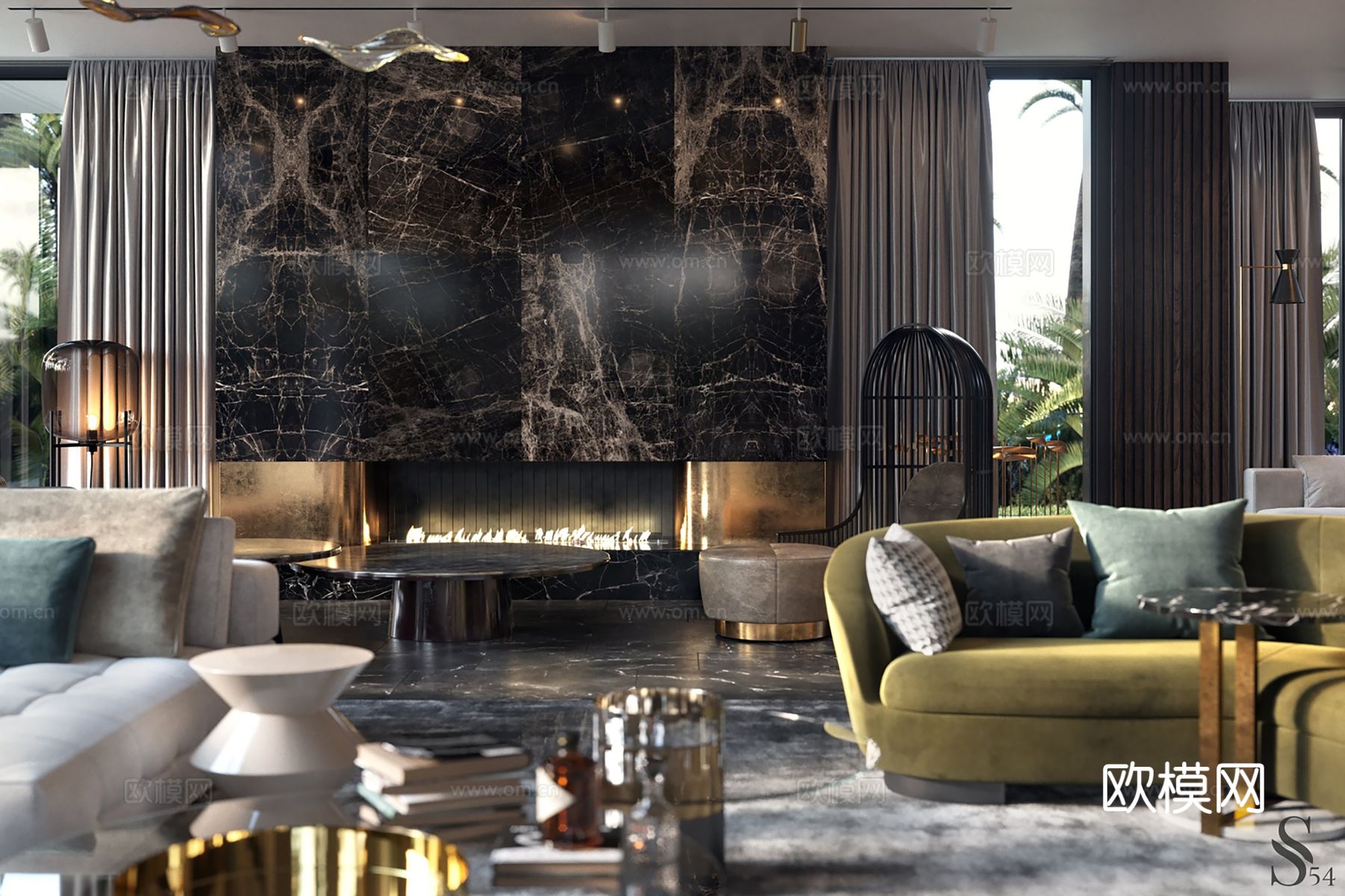 现代别墅高级灰卧室餐厅客厅大平层效果图下载（渲染图3）