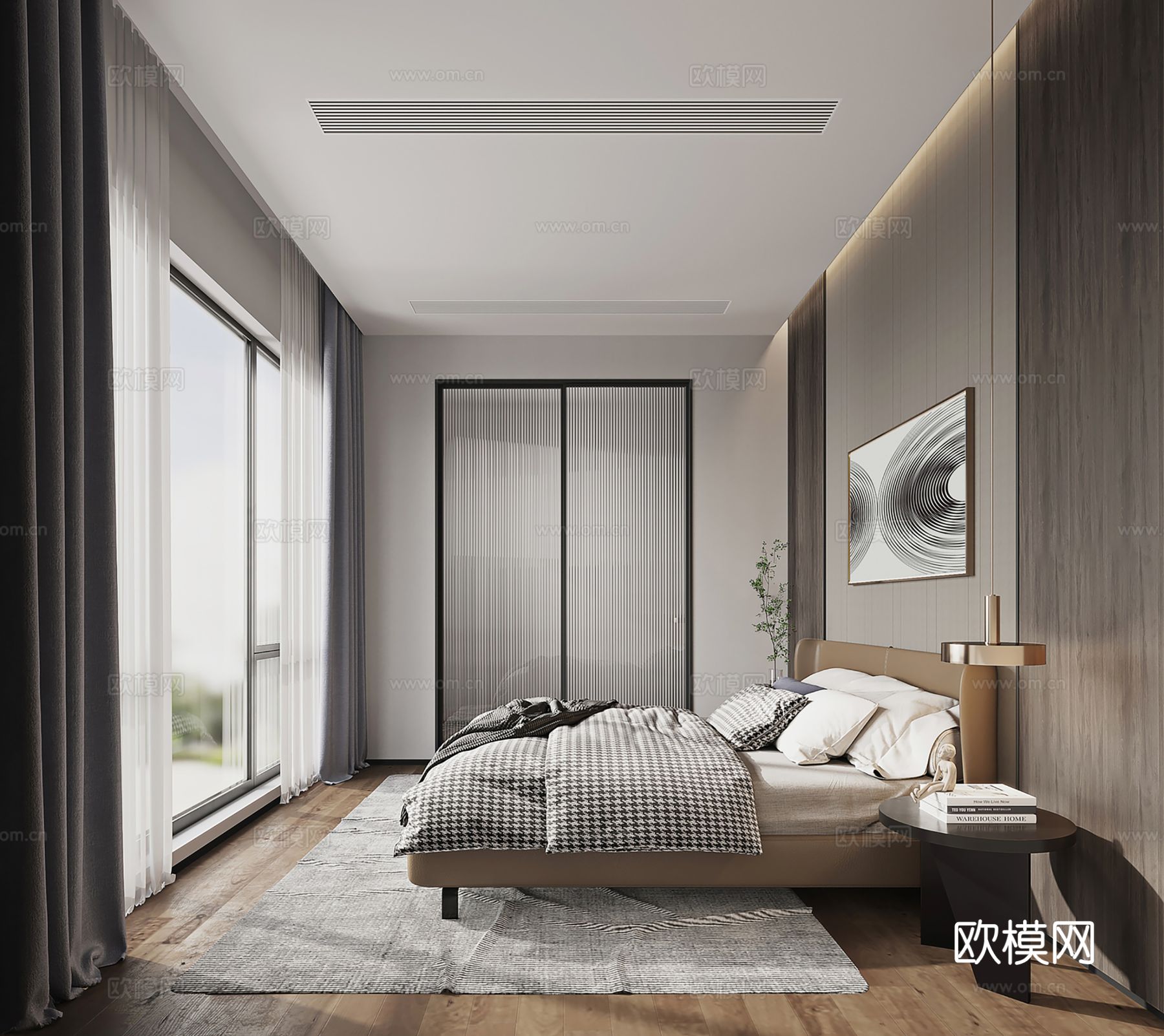 现代别墅高级灰卧室餐厅客厅大平层效果图下载（渲染图4）