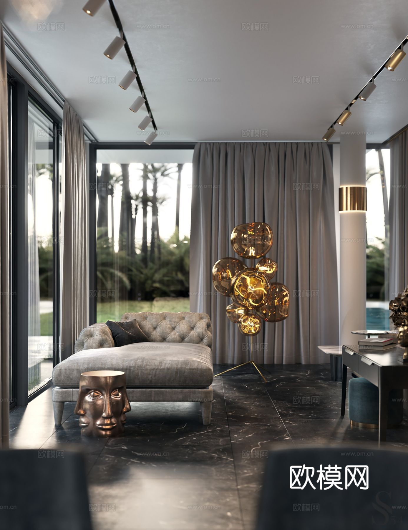 现代别墅高级灰卧室餐厅客厅大平层效果图下载（渲染图6）