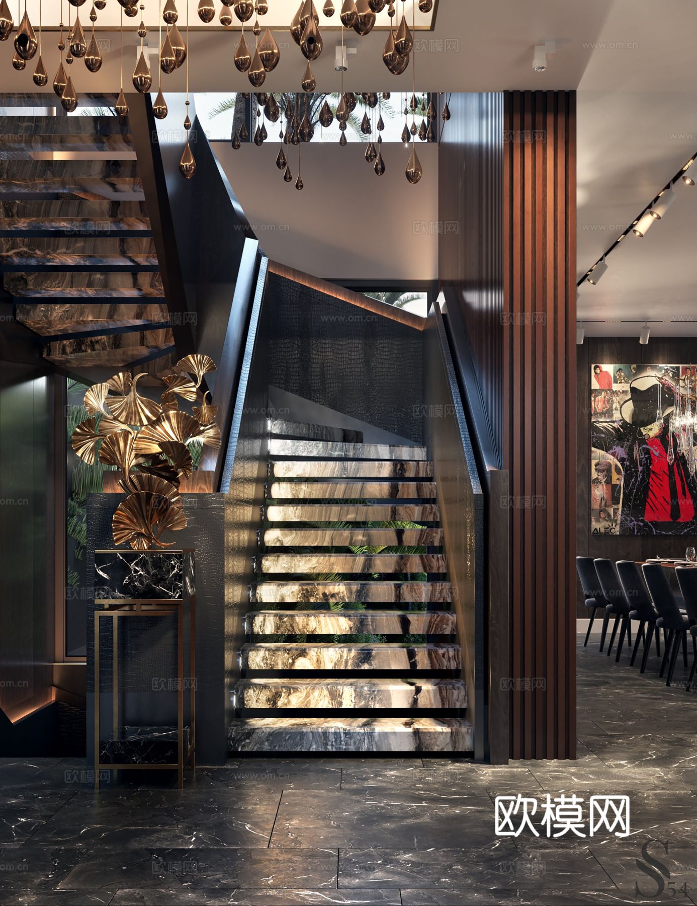 现代别墅高级灰卧室餐厅客厅大平层效果图下载（渲染图5）