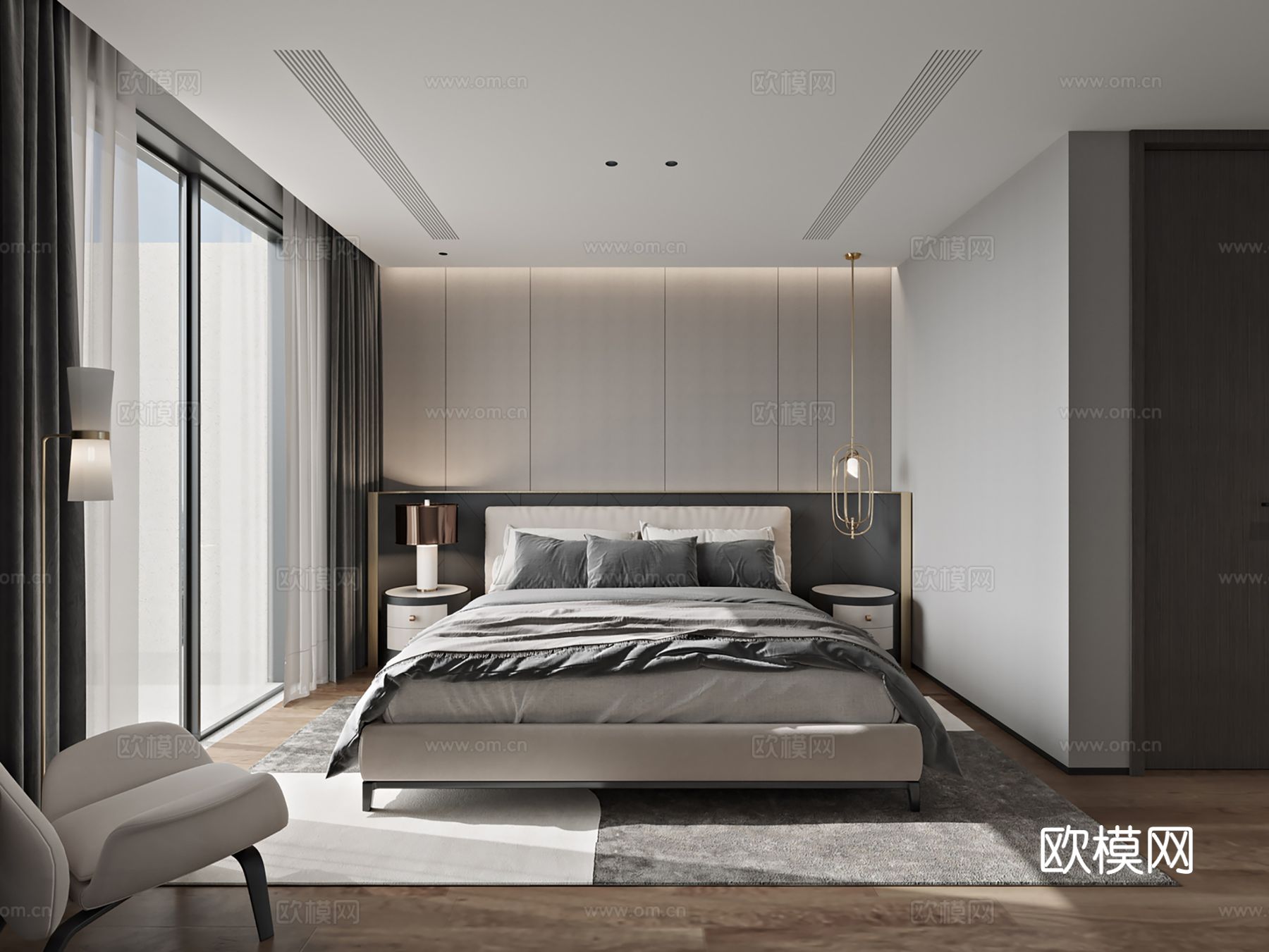 现代别墅高级灰卧室餐厅客厅大平层效果图下载（渲染图9）