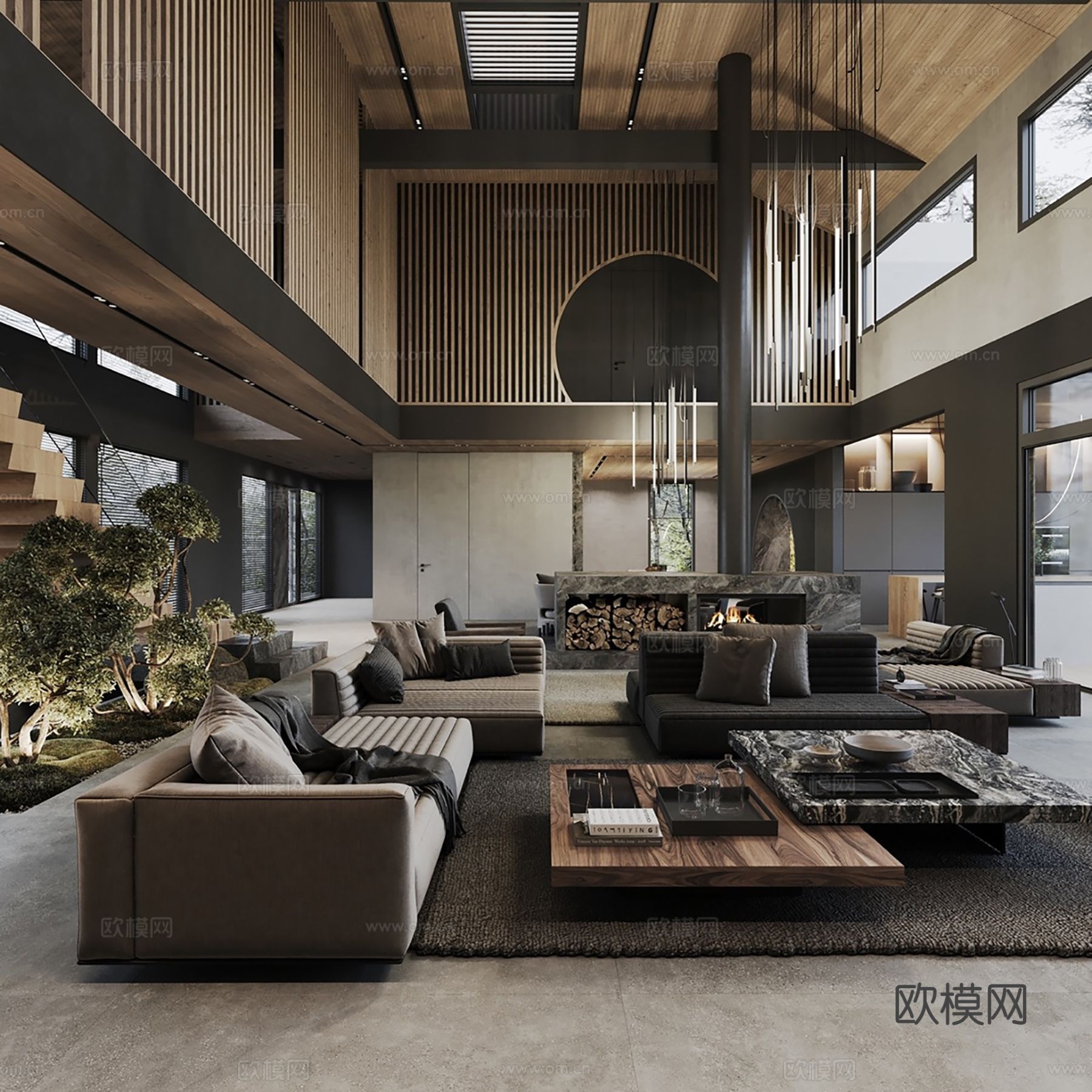 现代别墅高级灰卧室餐厅客厅大平层效果图下载（渲染图1）