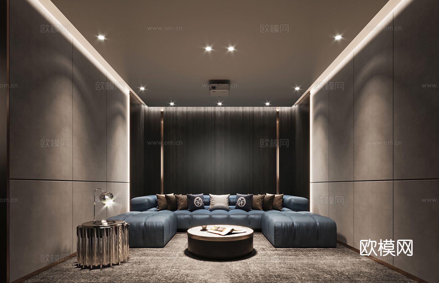 现代别墅高级灰卧室餐厅客厅大平层效果图下载（渲染图6）