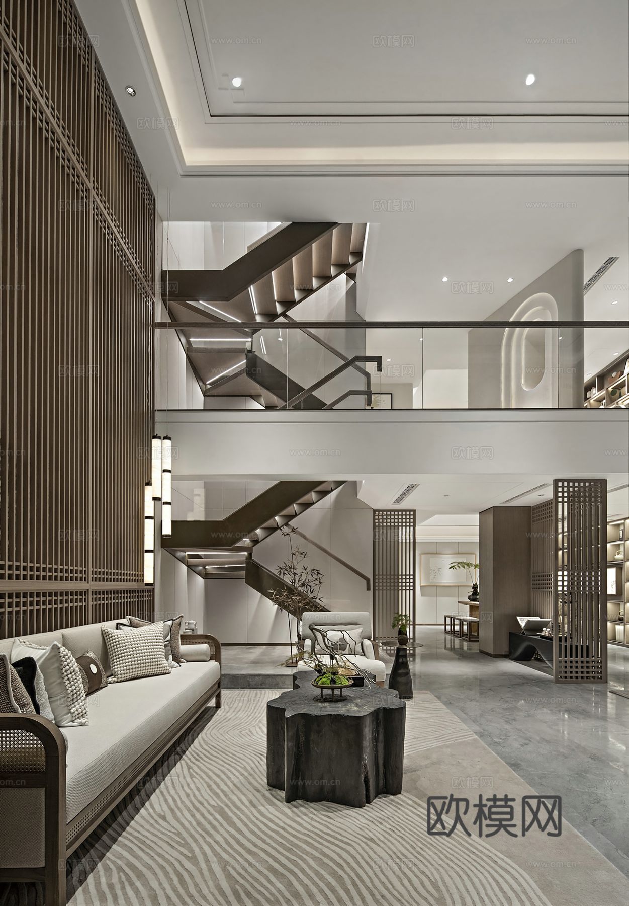 新中式侘寂风别墅高级灰卧室餐厅客厅大平层效果图下载（渲染图3）