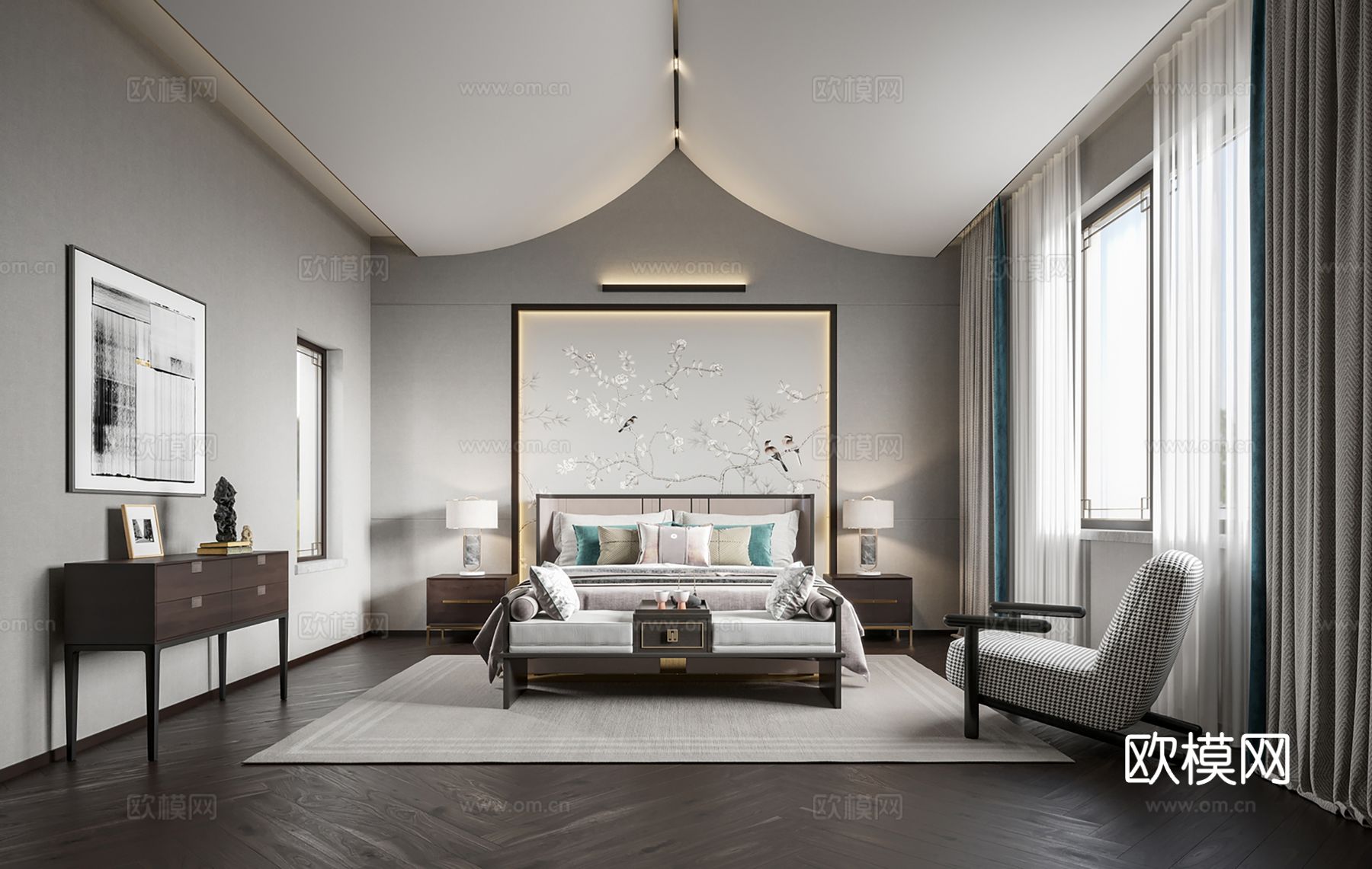 新中式侘寂风别墅高级灰卧室餐厅客厅大平层效果图下载（渲染图11）