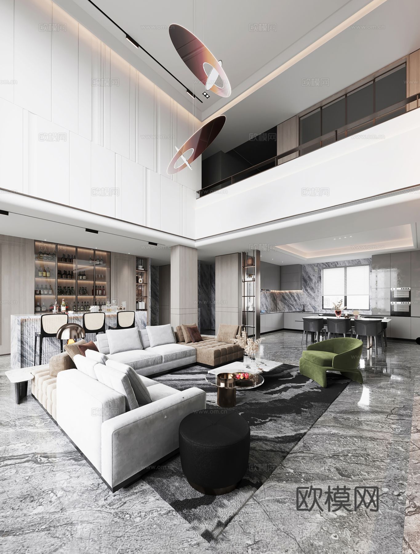 现代别墅高级灰卧室餐厅客厅大平层效果图下载（渲染图1）