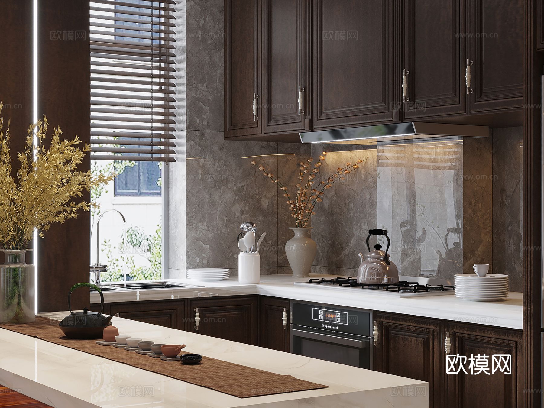 新中式侘寂风别墅高级灰卧室餐厅客厅大平层效果图下载（渲染图5）