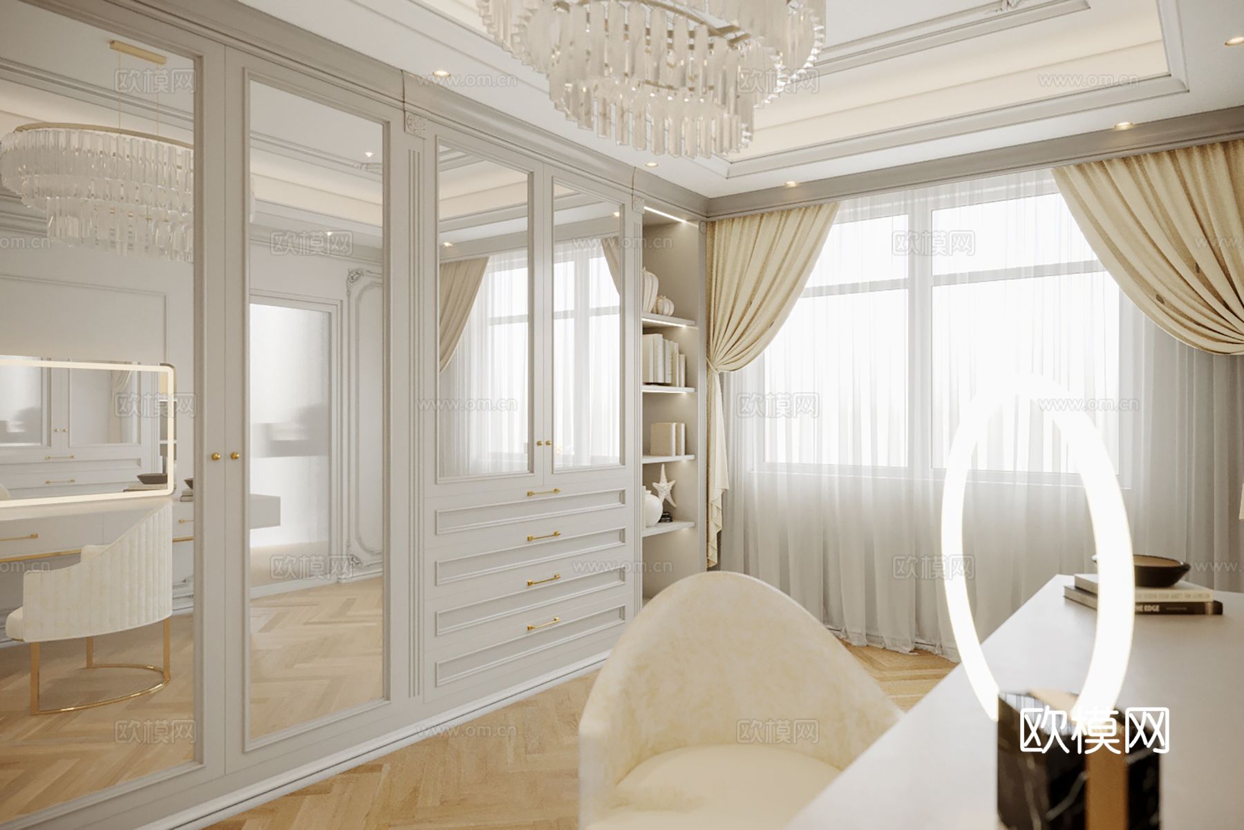 欧美侘寂风别墅高级灰卧室餐厅客厅大平层效果图下载（渲染图7）