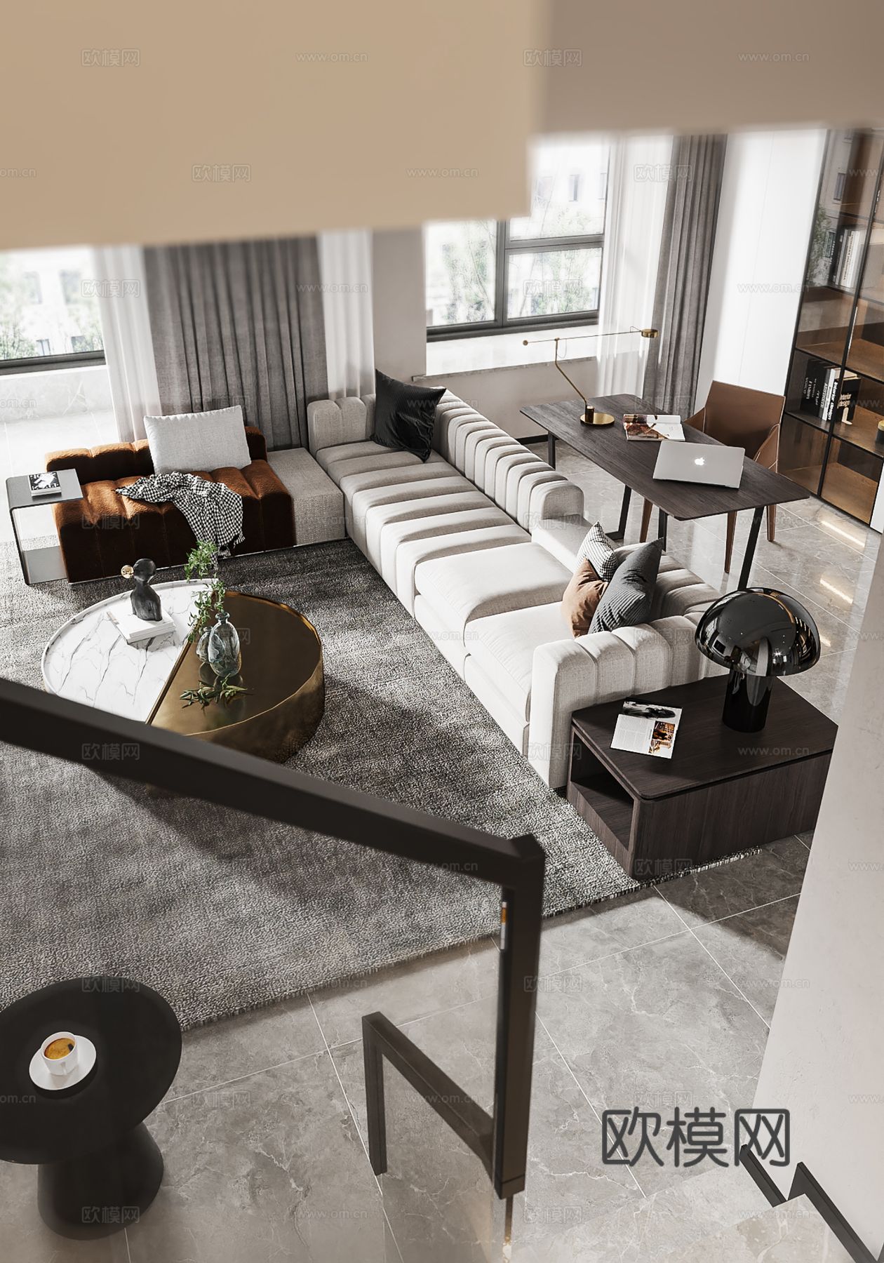 现代别墅高级灰卧室餐厅客厅大平层效果图下载（渲染图2）