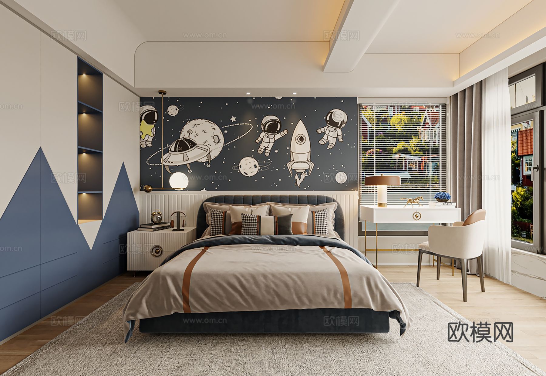 现代别墅高级灰卧室餐厅客厅大平层效果图下载（渲染图8）