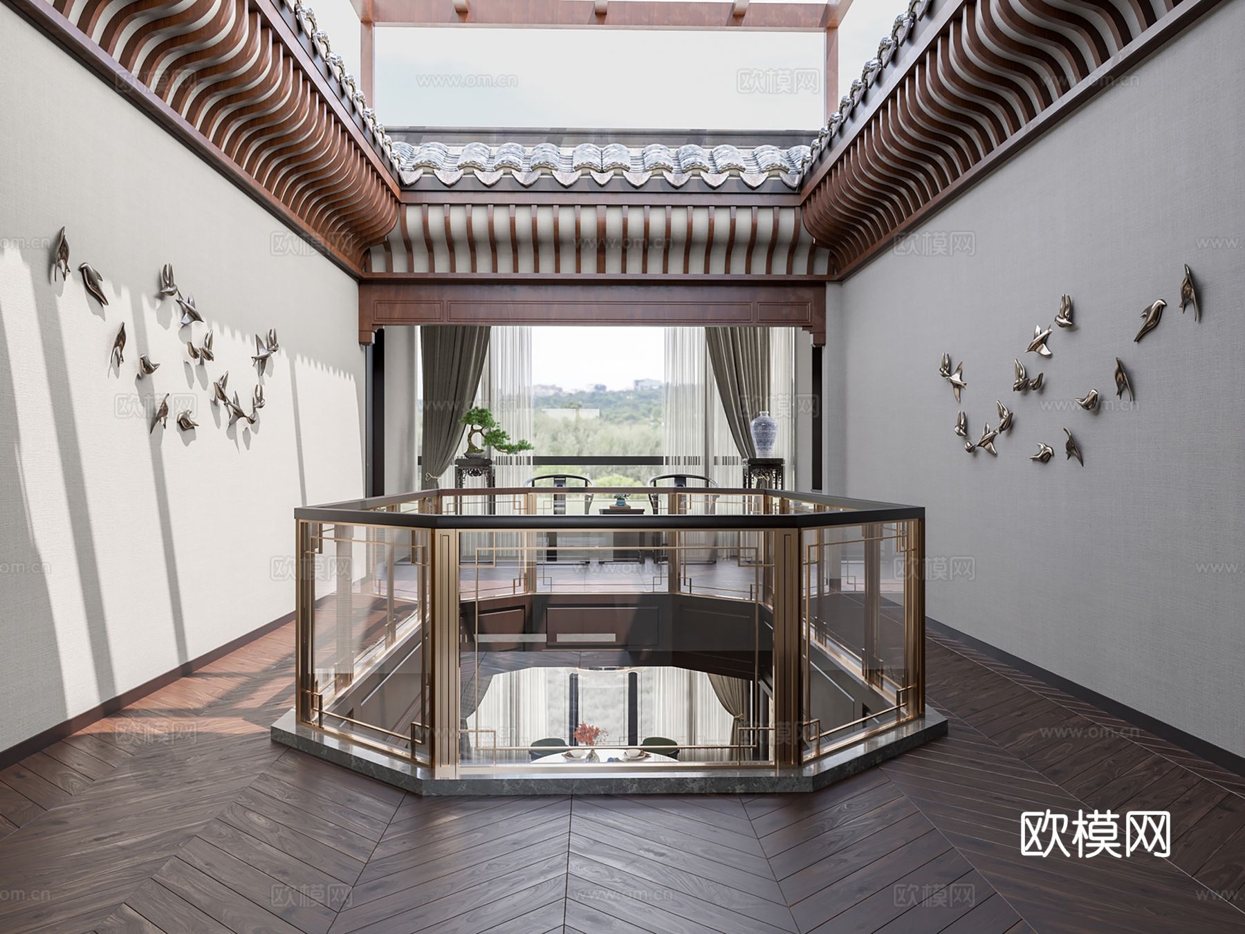 新中式侘寂风别墅高级灰卧室餐厅客厅大平层效果图下载（渲染图9）