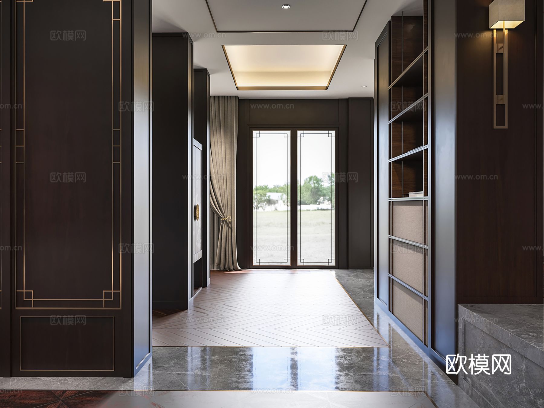 新中式侘寂风别墅高级灰卧室餐厅客厅大平层效果图下载（渲染图2）