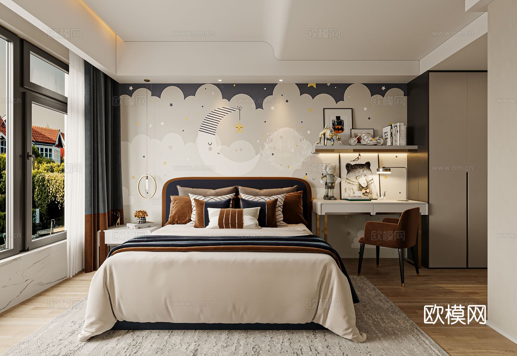 现代别墅高级灰卧室餐厅客厅大平层效果图下载（渲染图2）