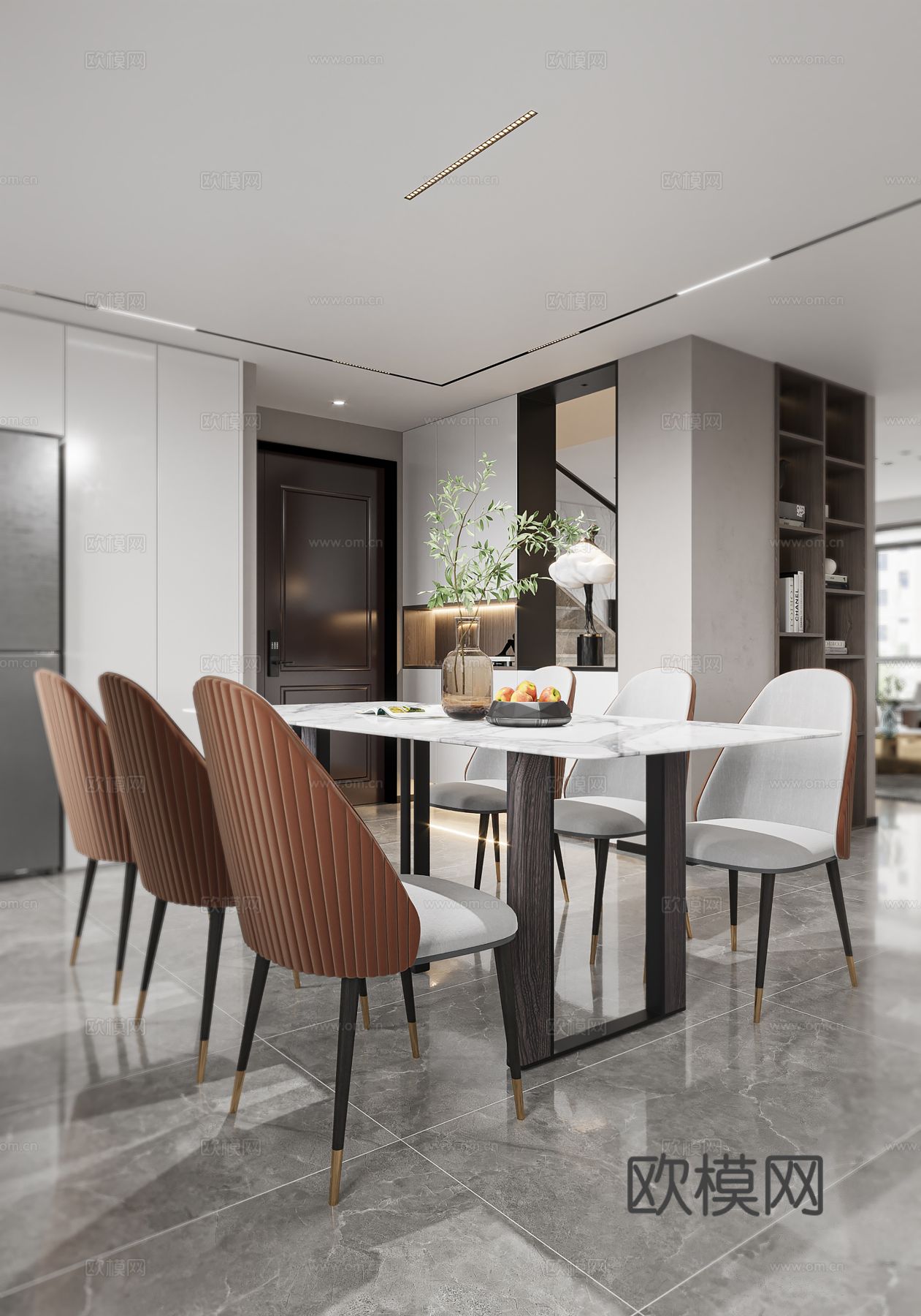 现代别墅高级灰卧室餐厅客厅大平层效果图下载（渲染图3）