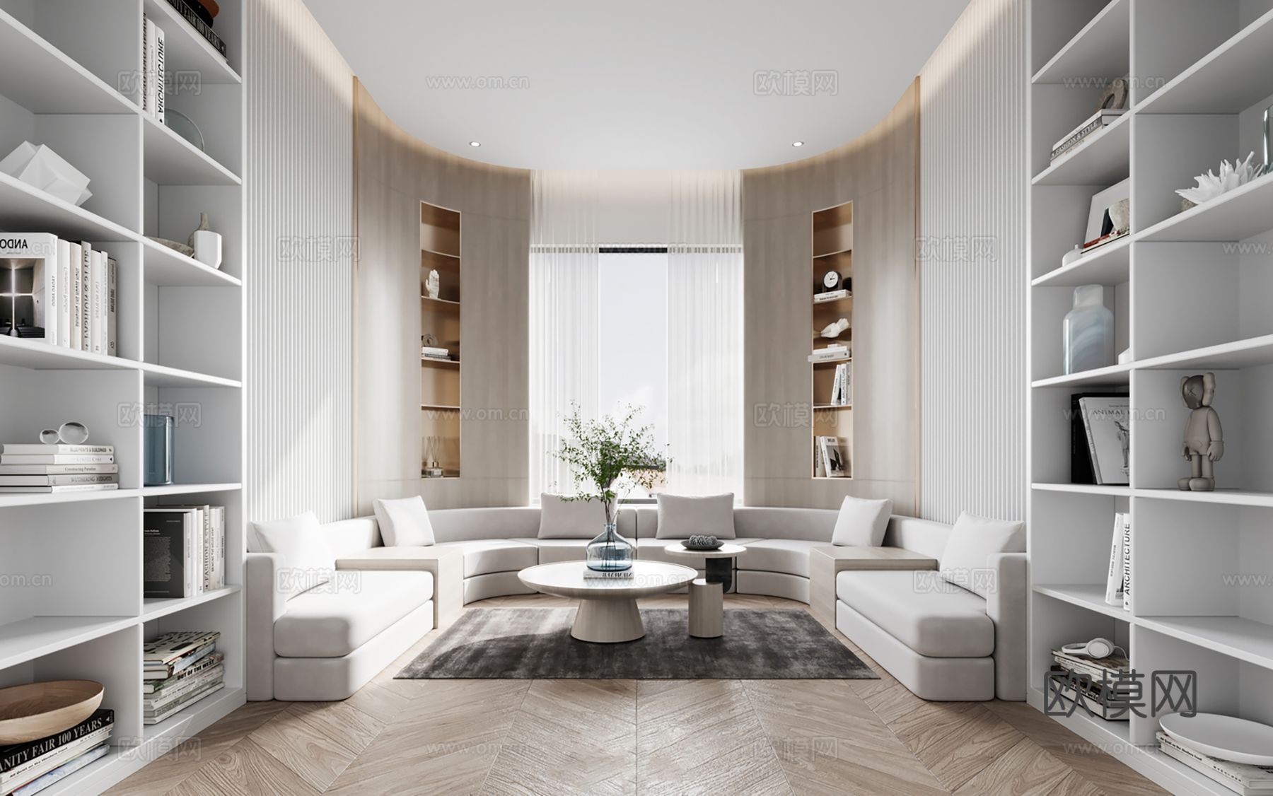 现代别墅高级灰卧室餐厅客厅大平层效果图下载（渲染图9）