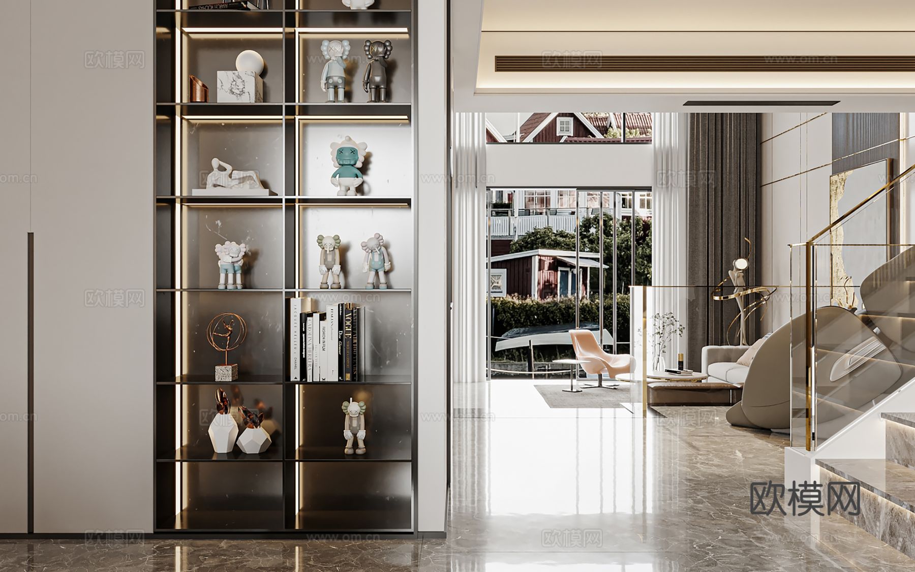 现代别墅高级灰卧室餐厅客厅大平层效果图下载（渲染图7）