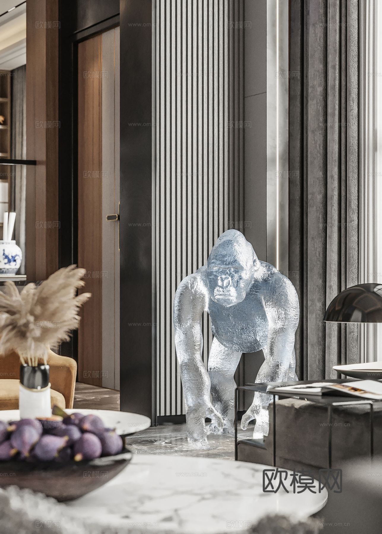 现代别墅高级灰卧室餐厅客厅大平层效果图下载（渲染图3）