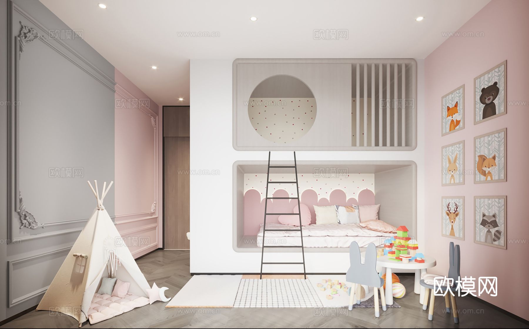 现代别墅高级灰卧室餐厅客厅大平层效果图下载（渲染图5）