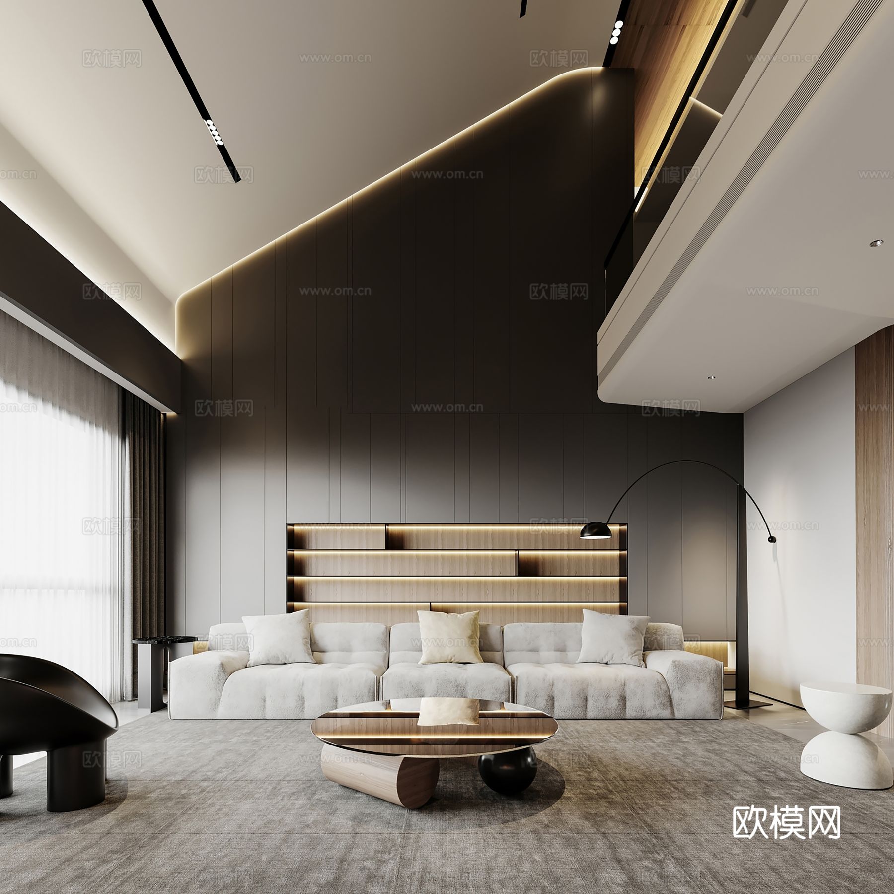 现代别墅高级灰卧室餐厅客厅大平层效果图下载（渲染图1）