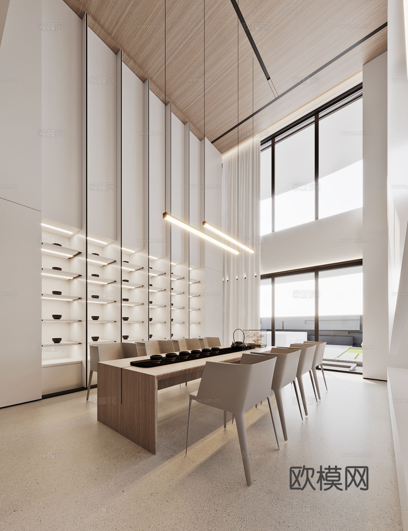 现代别墅高级灰卧室餐厅客厅大平层效果图下载（渲染图4）