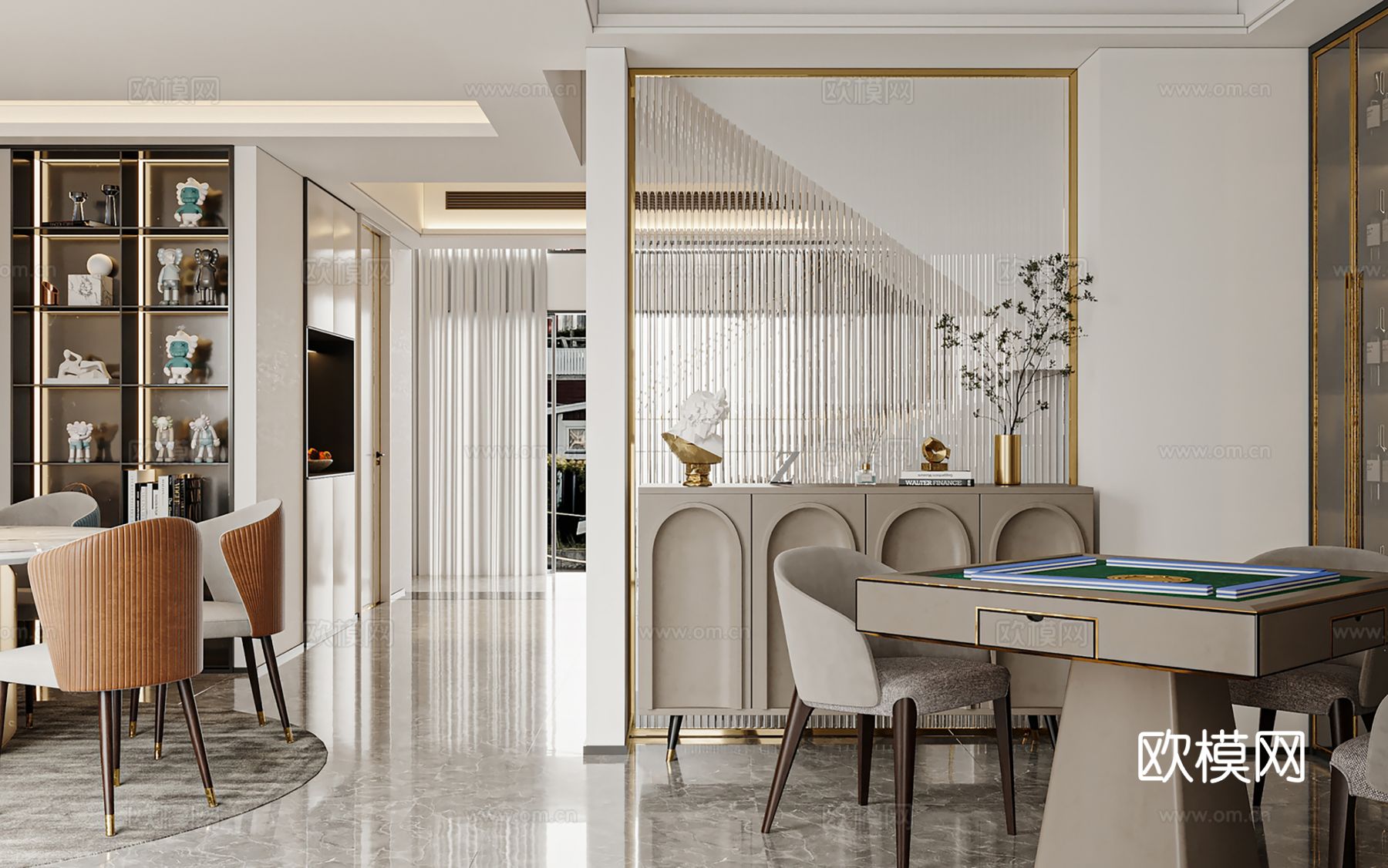 现代别墅高级灰卧室餐厅客厅大平层效果图下载（渲染图6）