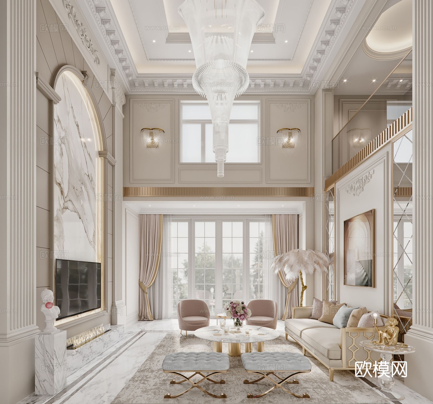 欧美侘寂风别墅高级灰卧室餐厅客厅大平层效果图下载（渲染图1）