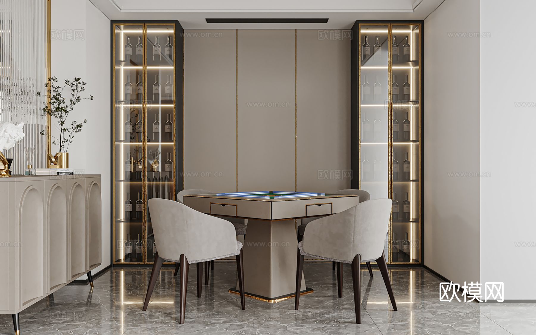 现代别墅高级灰卧室餐厅客厅大平层效果图下载（渲染图3）