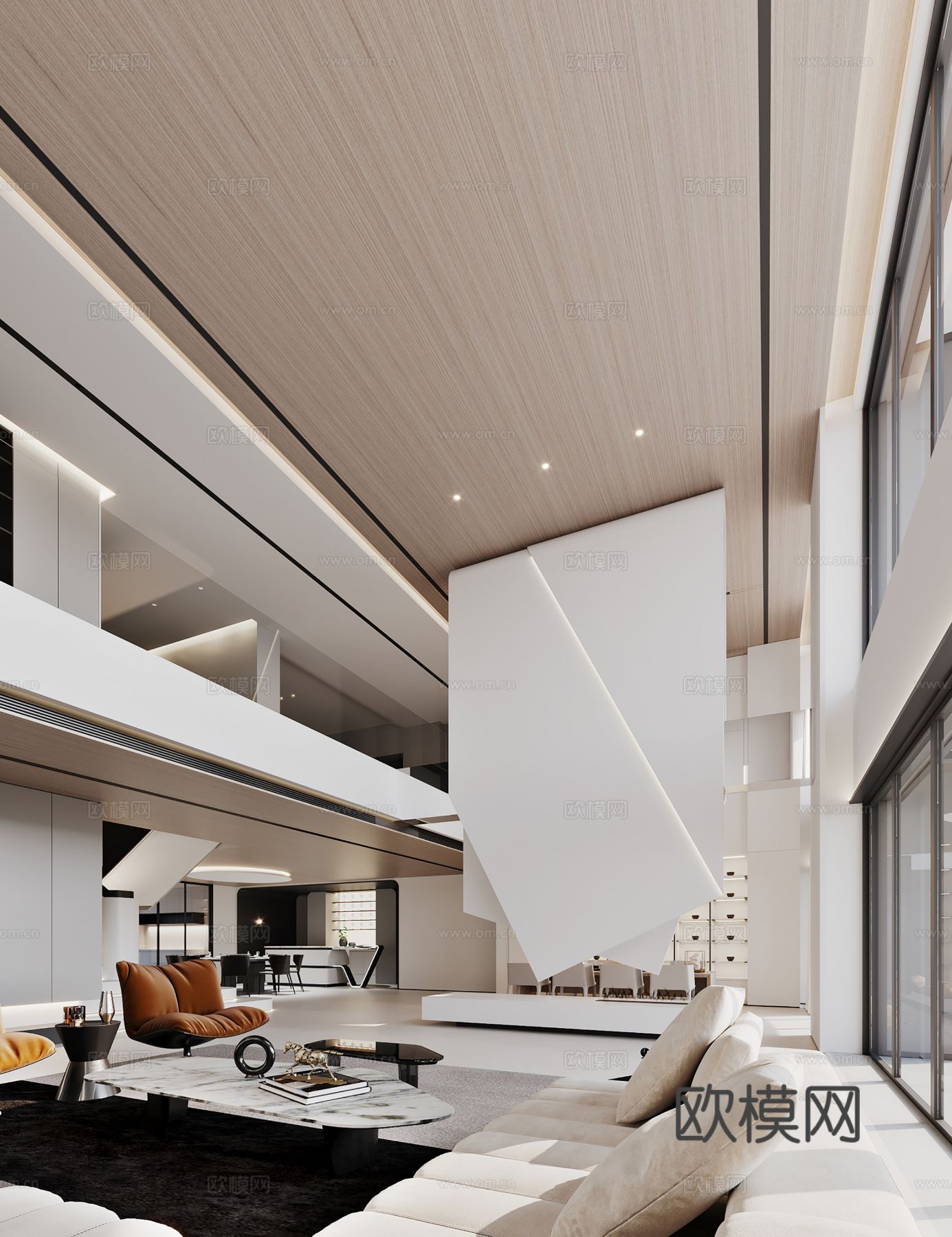 现代别墅高级灰卧室餐厅客厅大平层效果图下载（渲染图1）