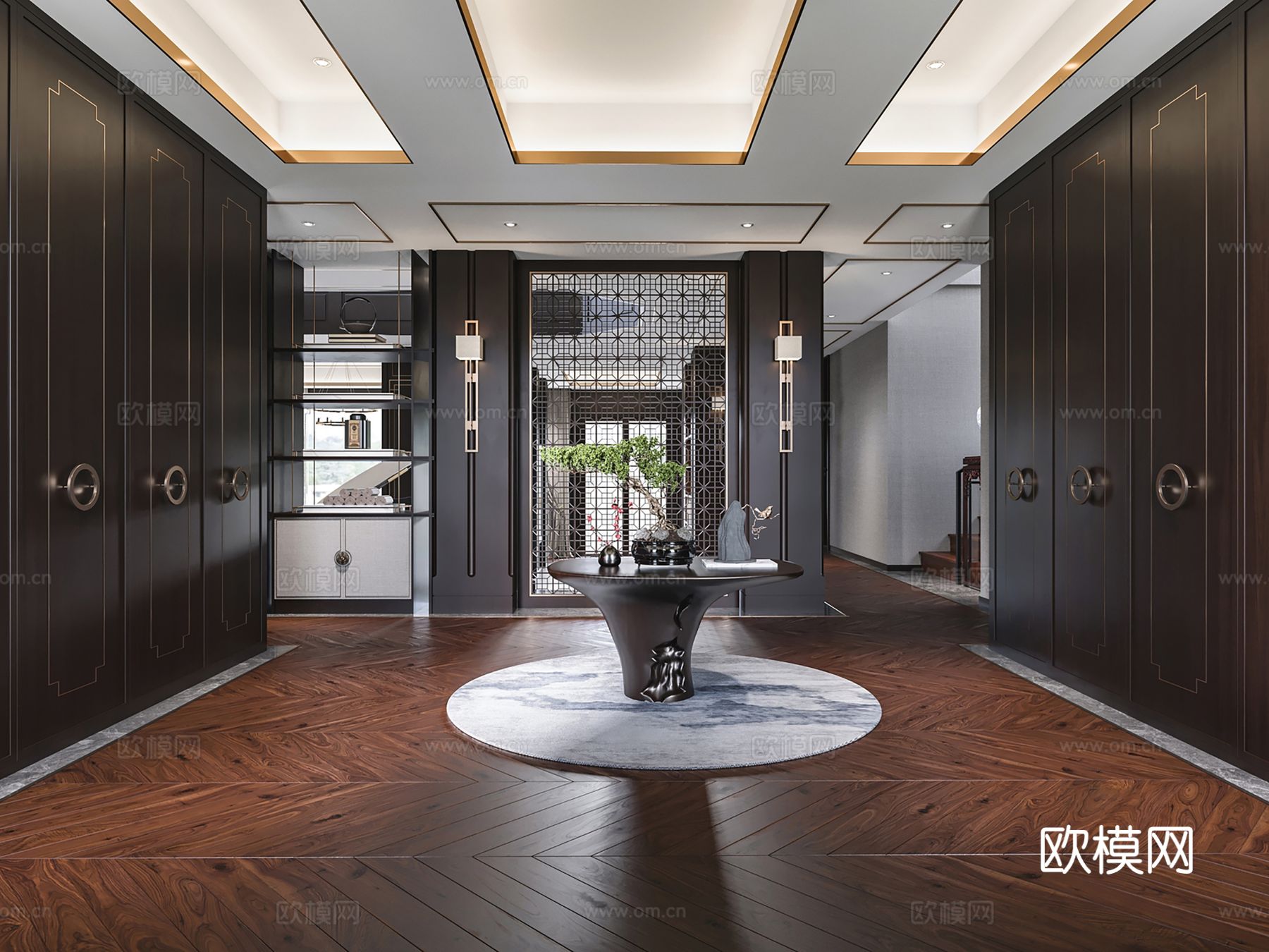 新中式侘寂风别墅高级灰卧室餐厅客厅大平层效果图下载（渲染图12）