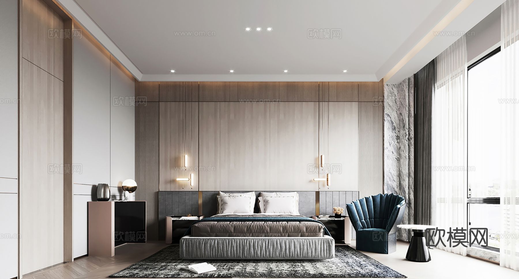 现代别墅高级灰卧室餐厅客厅大平层效果图下载（渲染图7）