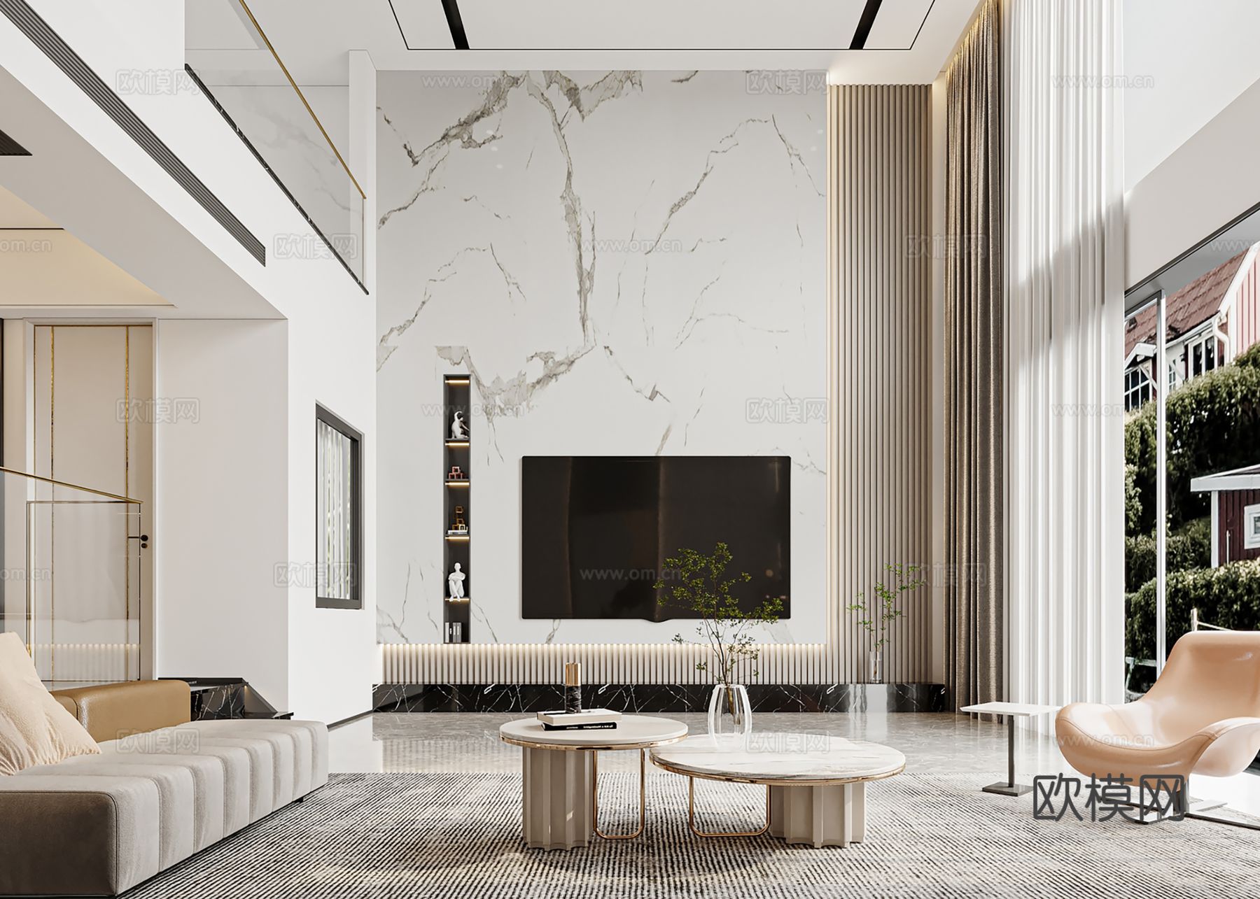 现代别墅高级灰卧室餐厅客厅大平层效果图下载（渲染图9）