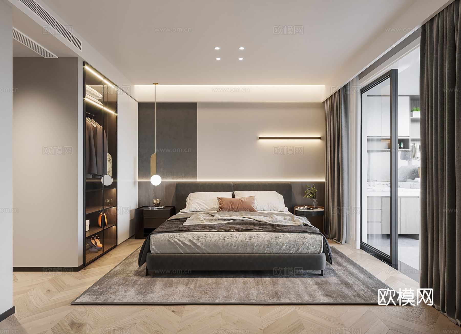 现代别墅高级灰卧室餐厅客厅大平层效果图下载（渲染图7）