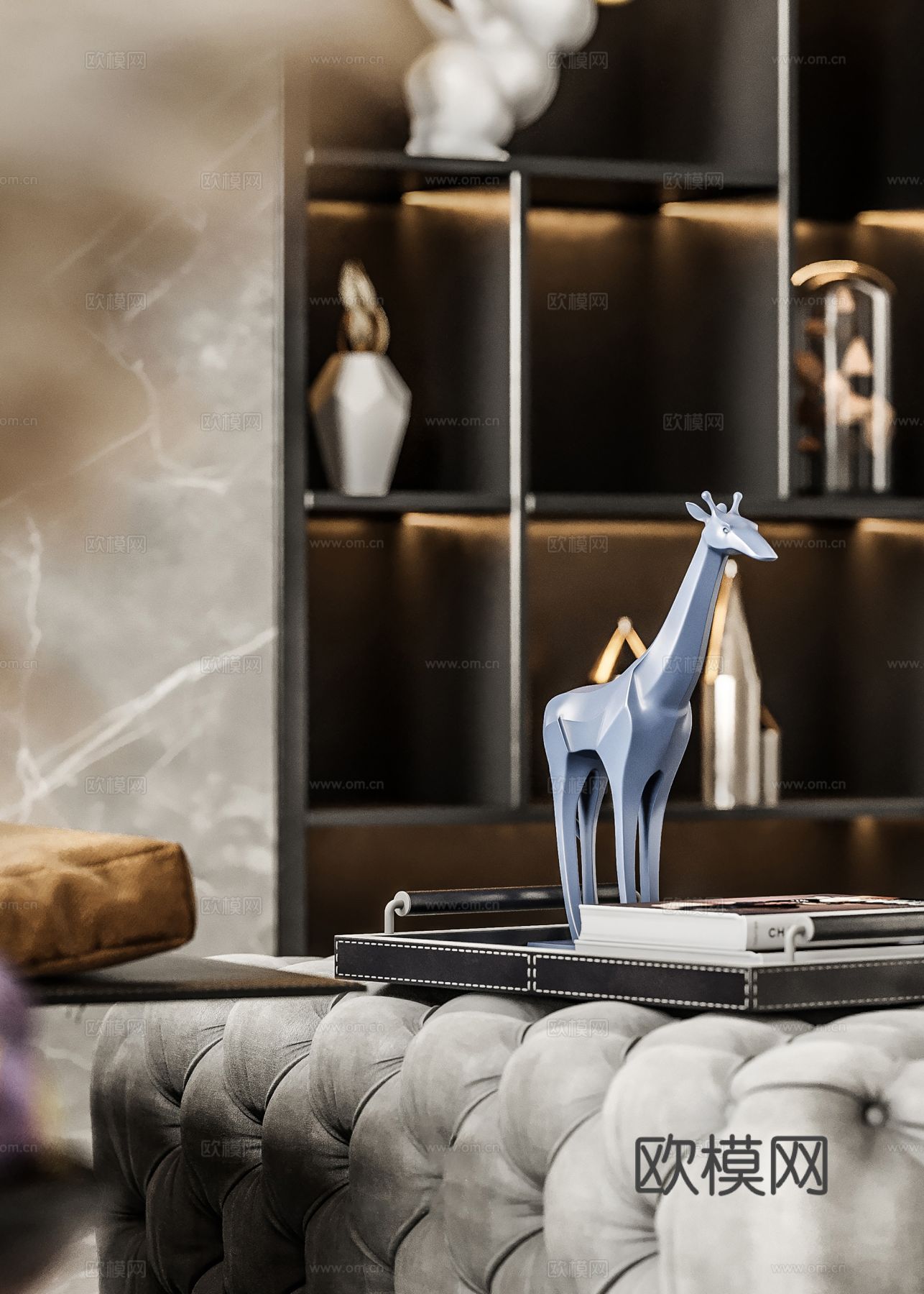 现代别墅高级灰卧室餐厅客厅大平层效果图下载（渲染图4）