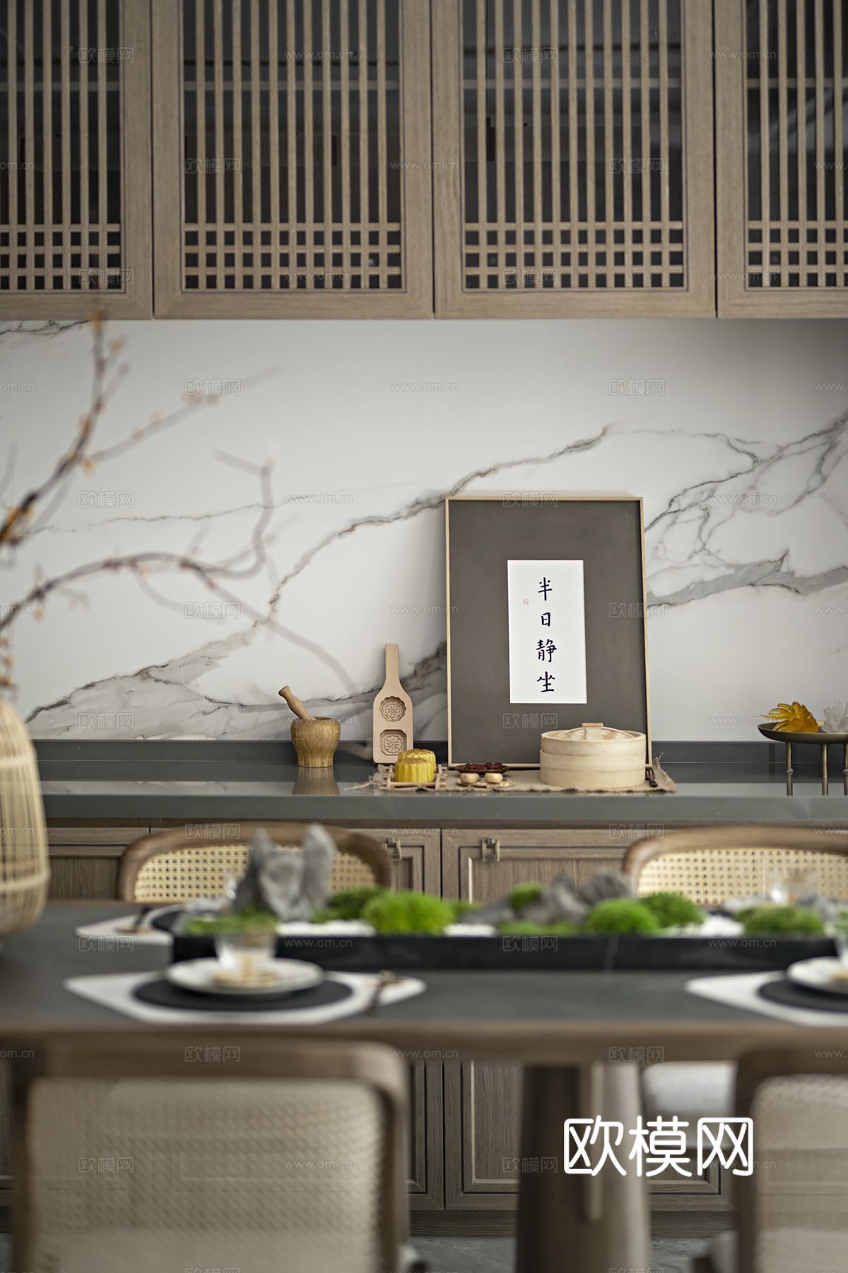 新中式侘寂风别墅高级灰卧室餐厅客厅大平层效果图下载（渲染图5）