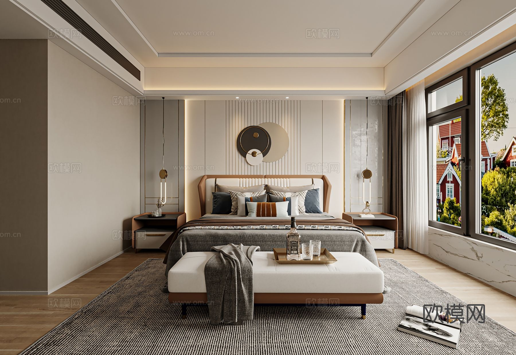 现代别墅高级灰卧室餐厅客厅大平层效果图下载（渲染图4）