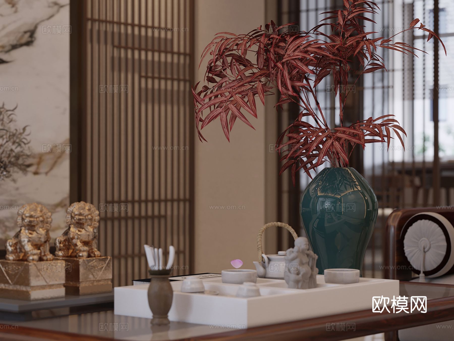 新中式侘寂风别墅高级灰卧室餐厅客厅大平层效果图下载（渲染图7）