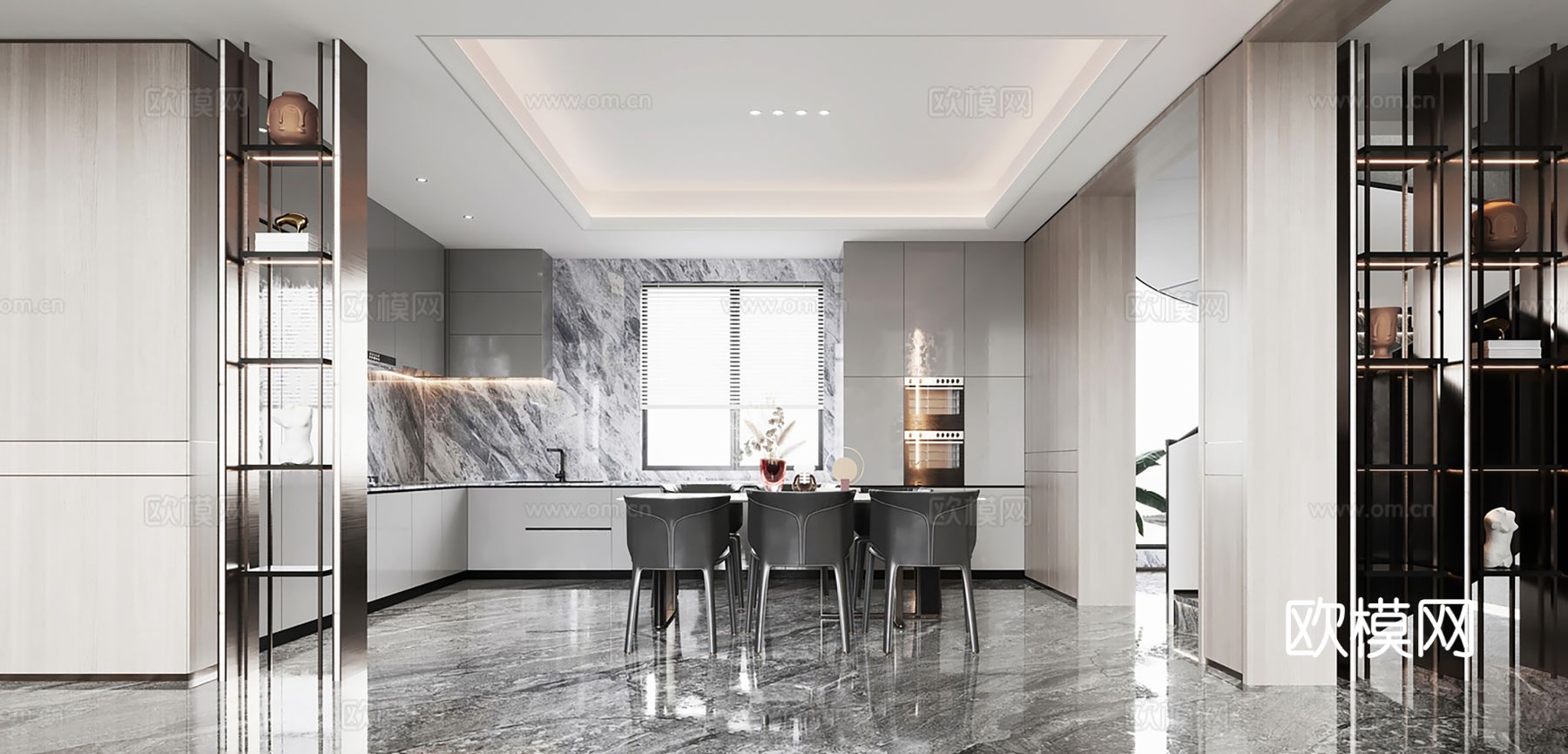 现代别墅高级灰卧室餐厅客厅大平层效果图下载（渲染图8）