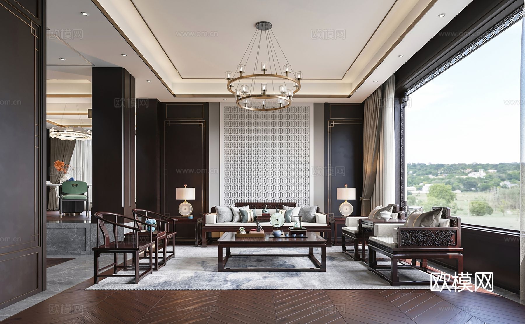 新中式侘寂风别墅高级灰卧室餐厅客厅大平层效果图下载（渲染图1）