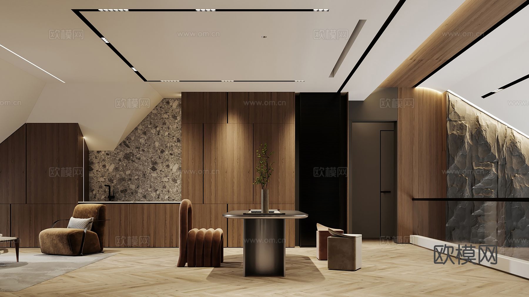 现代别墅高级灰卧室餐厅客厅大平层效果图下载（渲染图12）