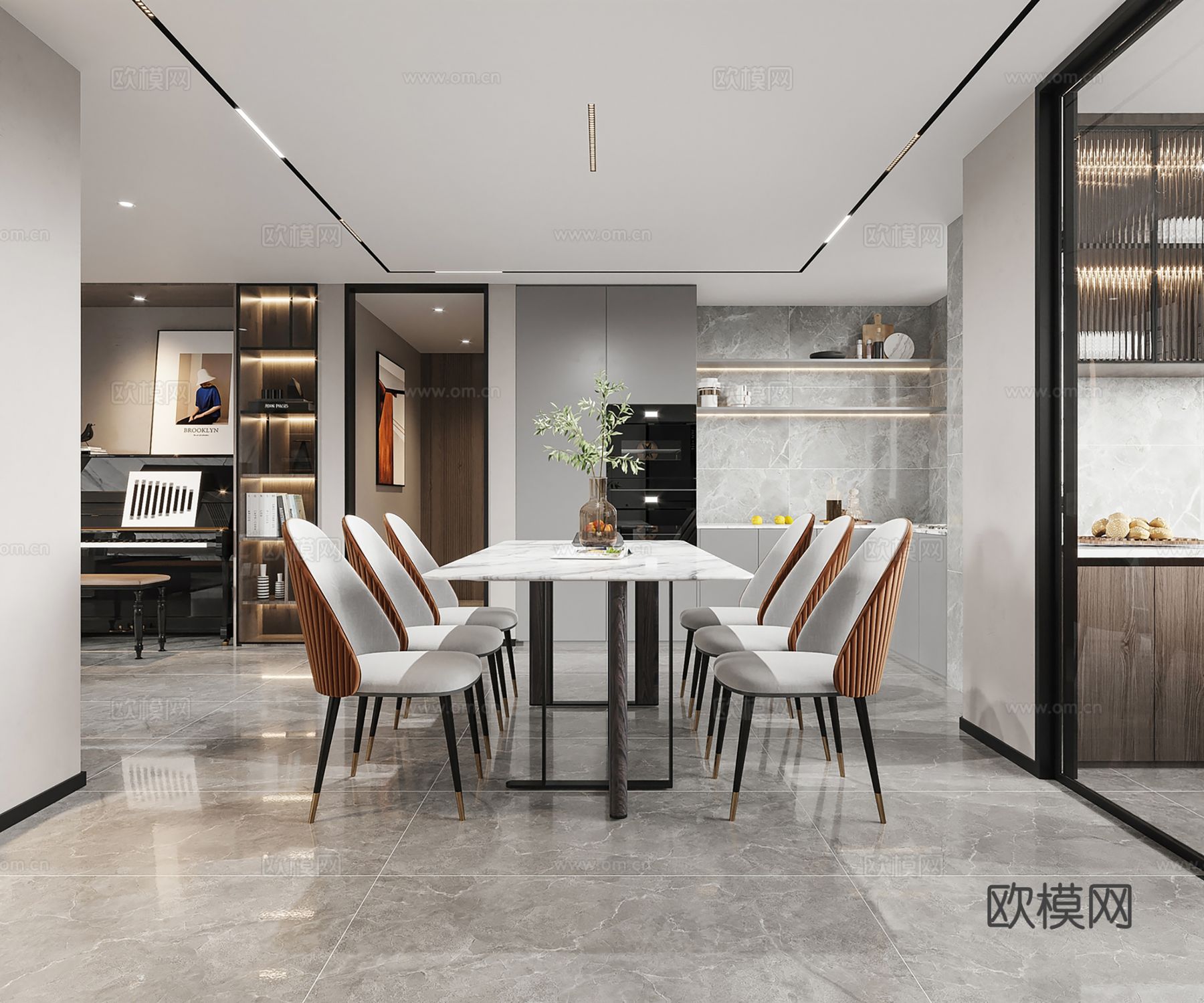 现代别墅高级灰卧室餐厅客厅大平层效果图下载（渲染图8）