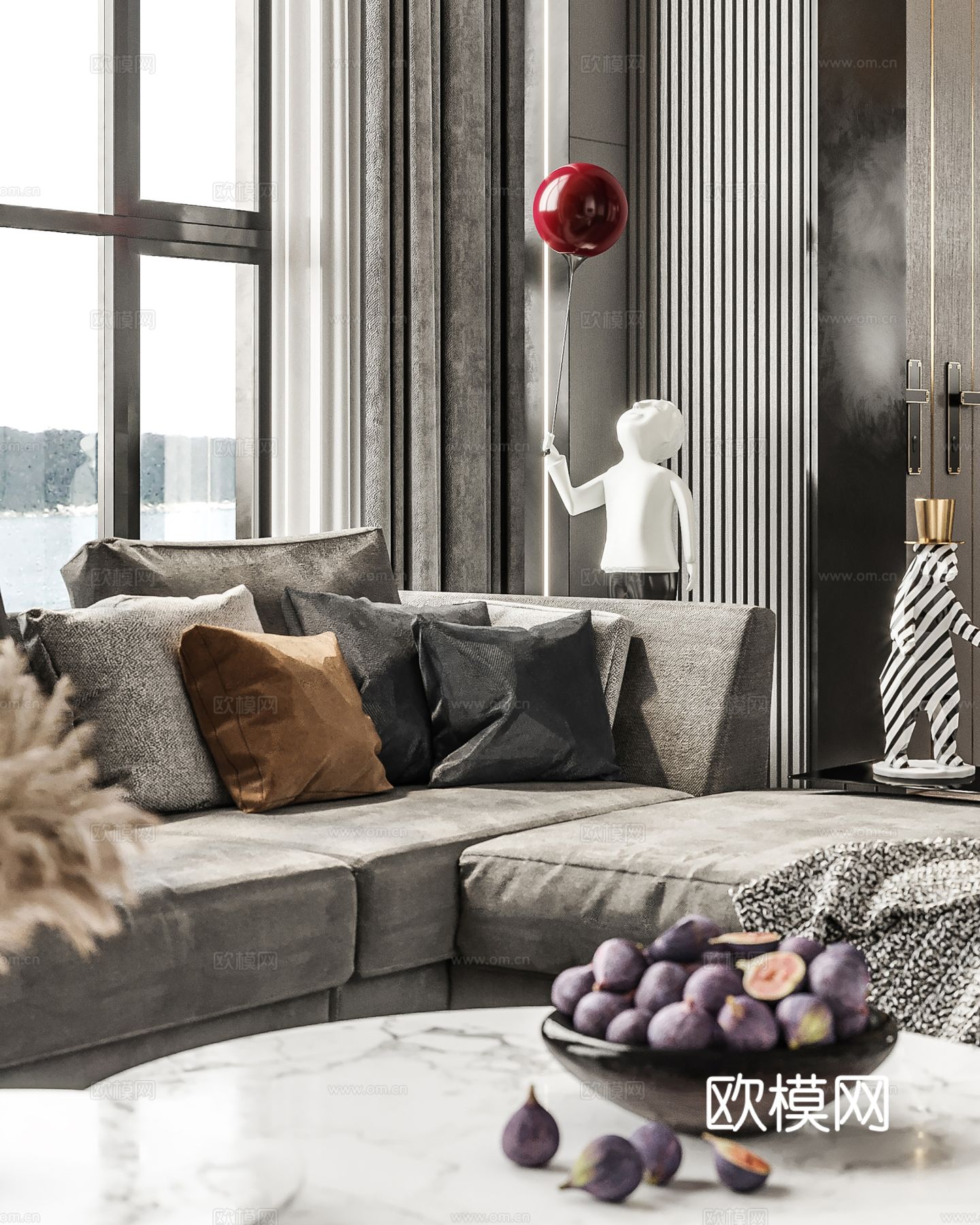 现代别墅高级灰卧室餐厅客厅大平层效果图下载（渲染图1）