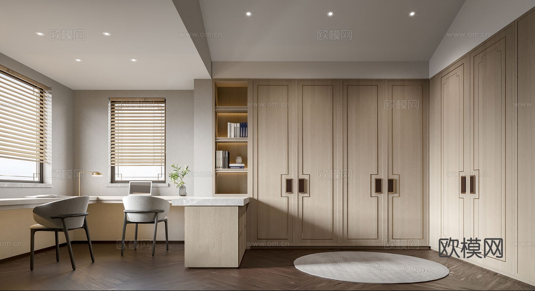 新中式侘寂风别墅高级灰卧室餐厅客厅大平层效果图下载（渲染图3）