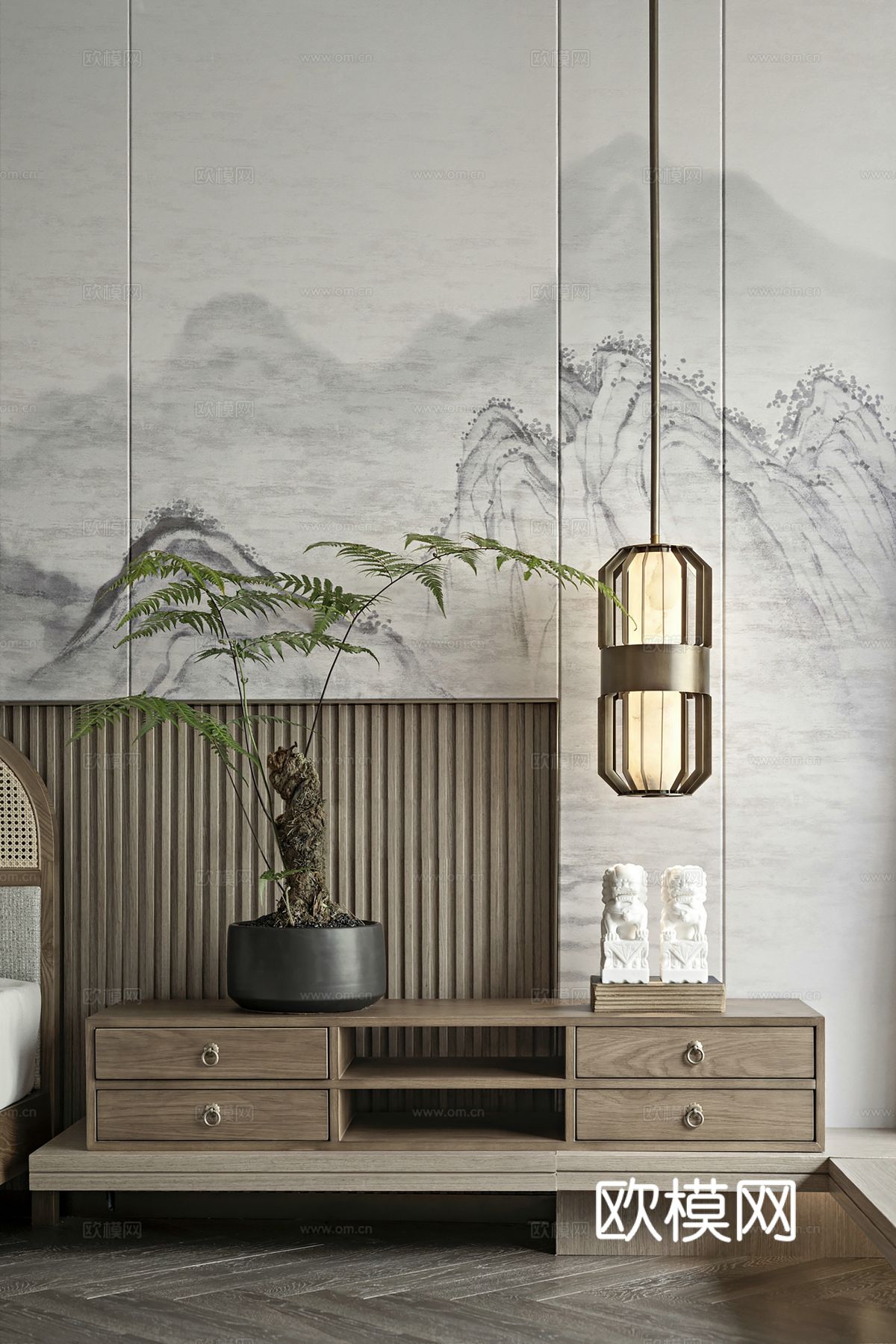 新中式侘寂风别墅高级灰卧室餐厅客厅大平层效果图下载（渲染图11）