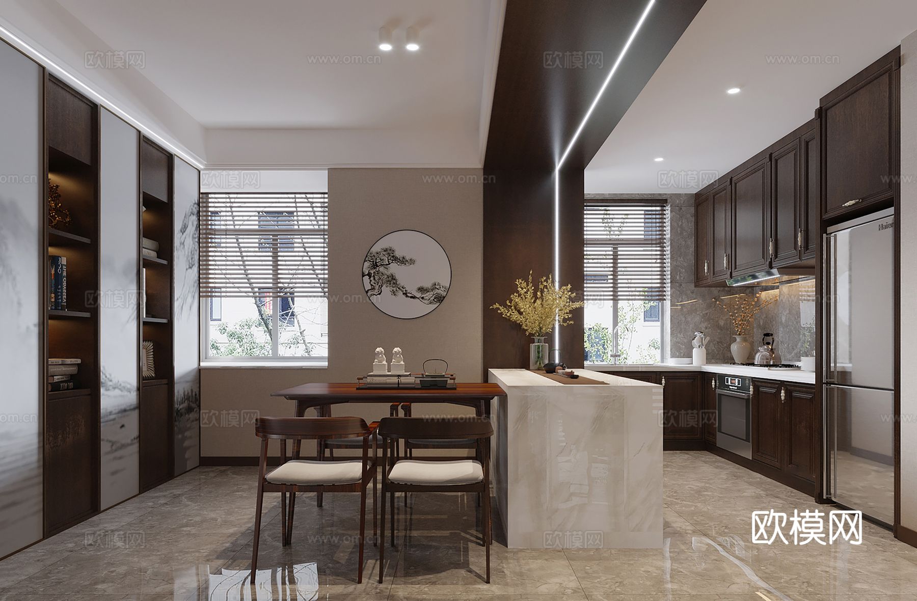 新中式侘寂风别墅高级灰卧室餐厅客厅大平层效果图下载（渲染图2）