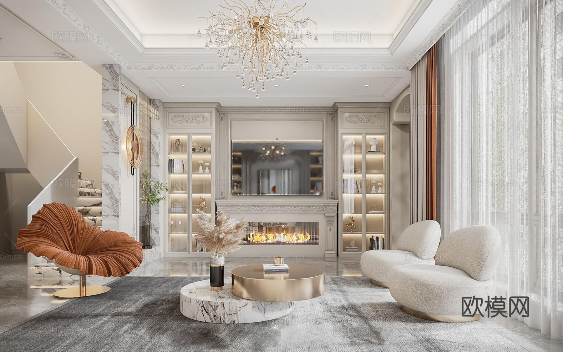 欧美侘寂风别墅高级灰卧室餐厅客厅大平层效果图下载（渲染图1）