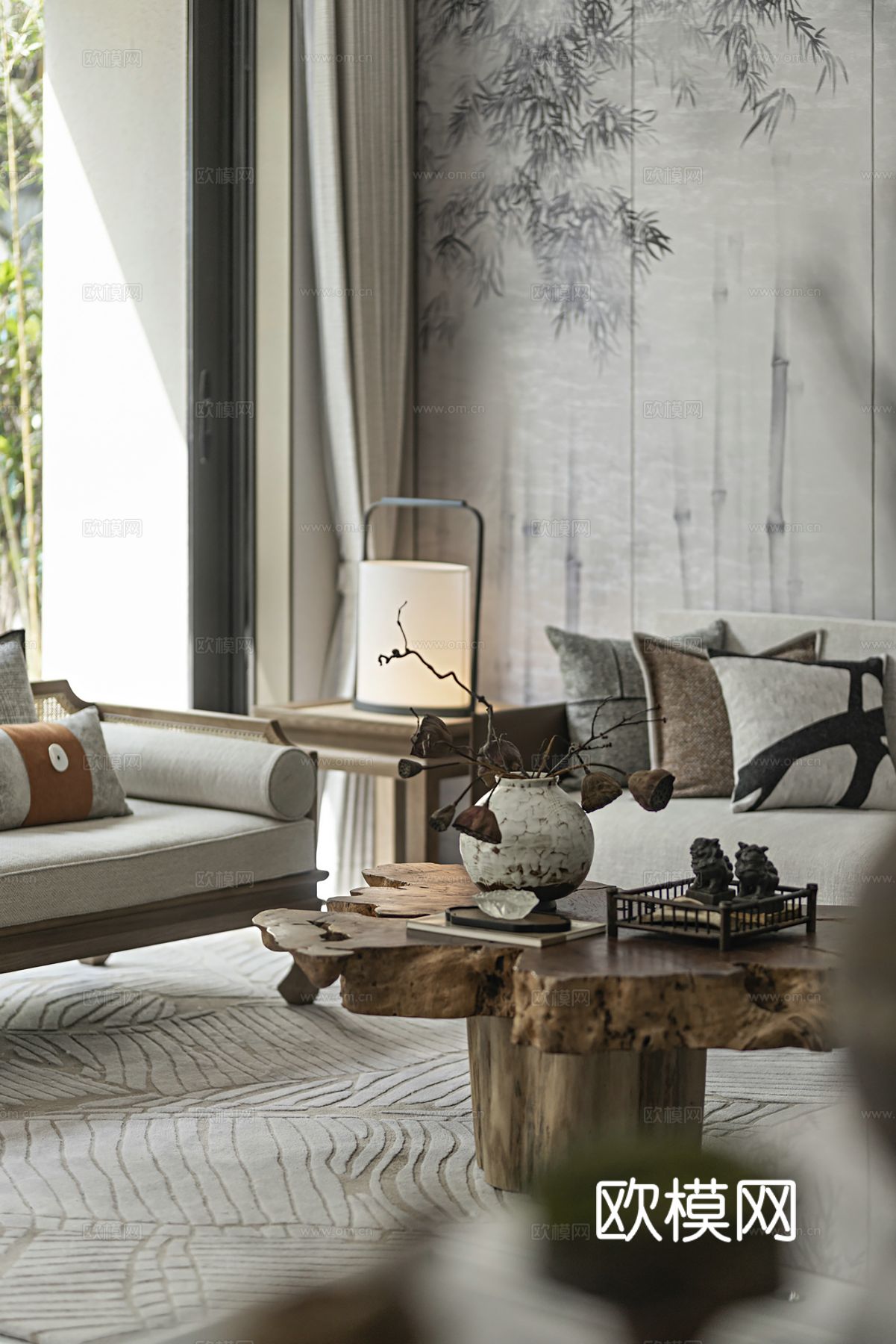 新中式侘寂风别墅高级灰卧室餐厅客厅大平层效果图下载（渲染图2）