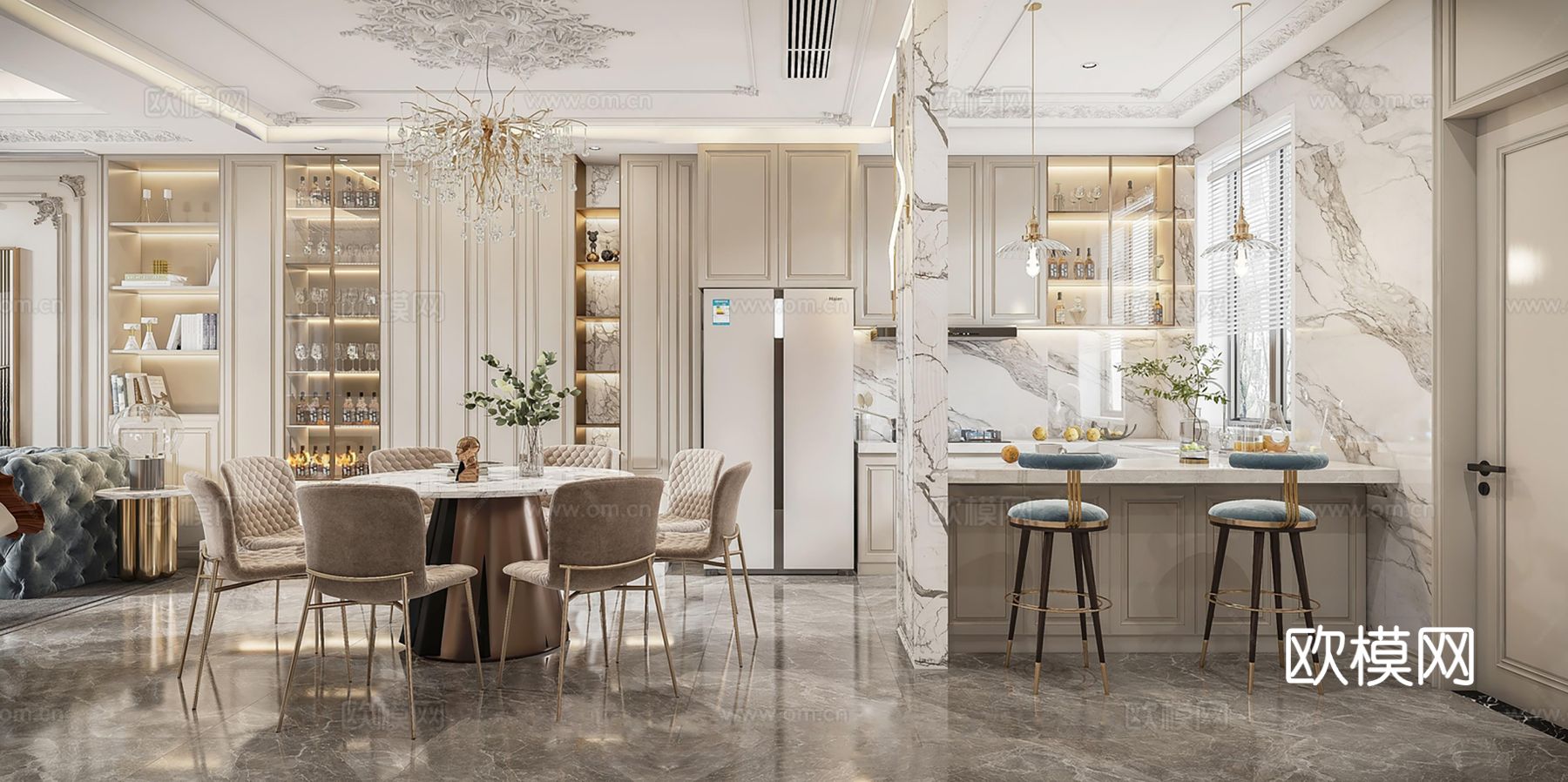 欧美侘寂风别墅高级灰卧室餐厅客厅大平层效果图下载（渲染图5）