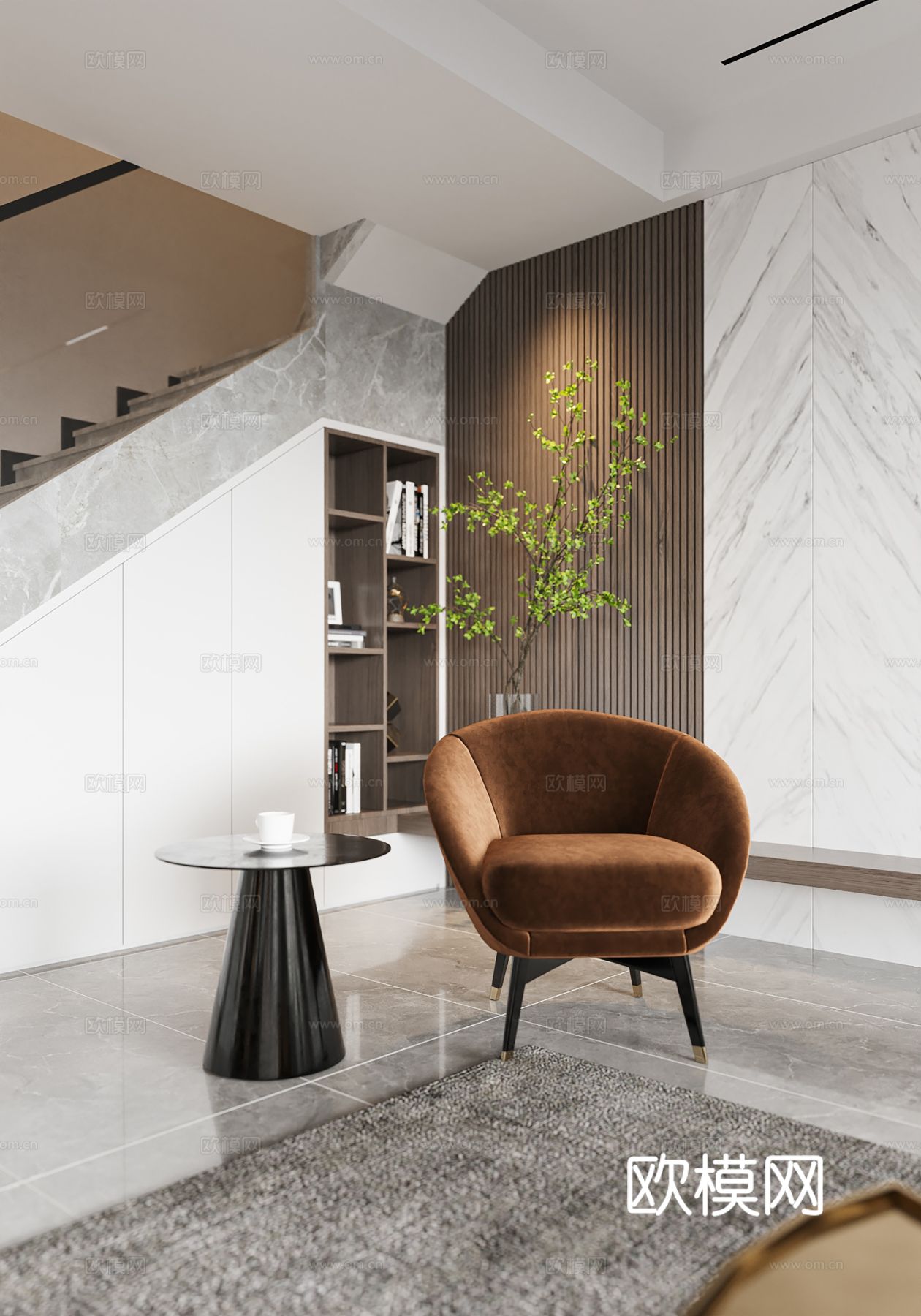 现代别墅高级灰卧室餐厅客厅大平层效果图下载（渲染图4）