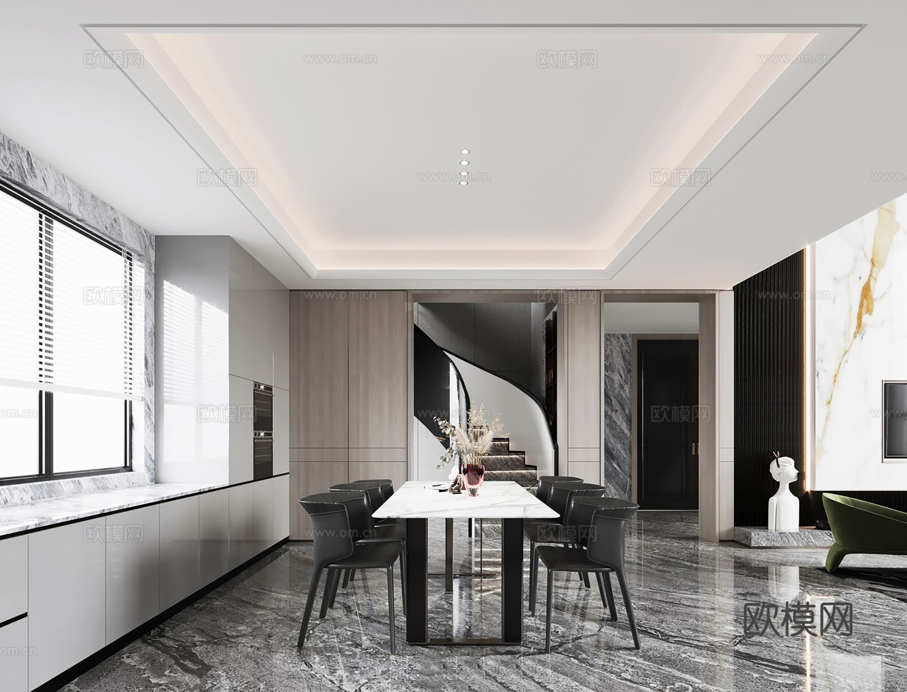 现代别墅高级灰卧室餐厅客厅大平层效果图下载（渲染图2）