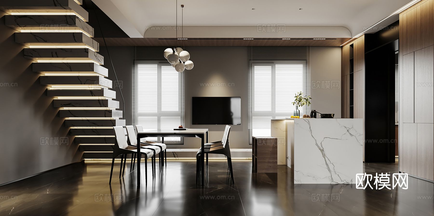 现代别墅高级灰卧室餐厅客厅大平层效果图下载（渲染图2）